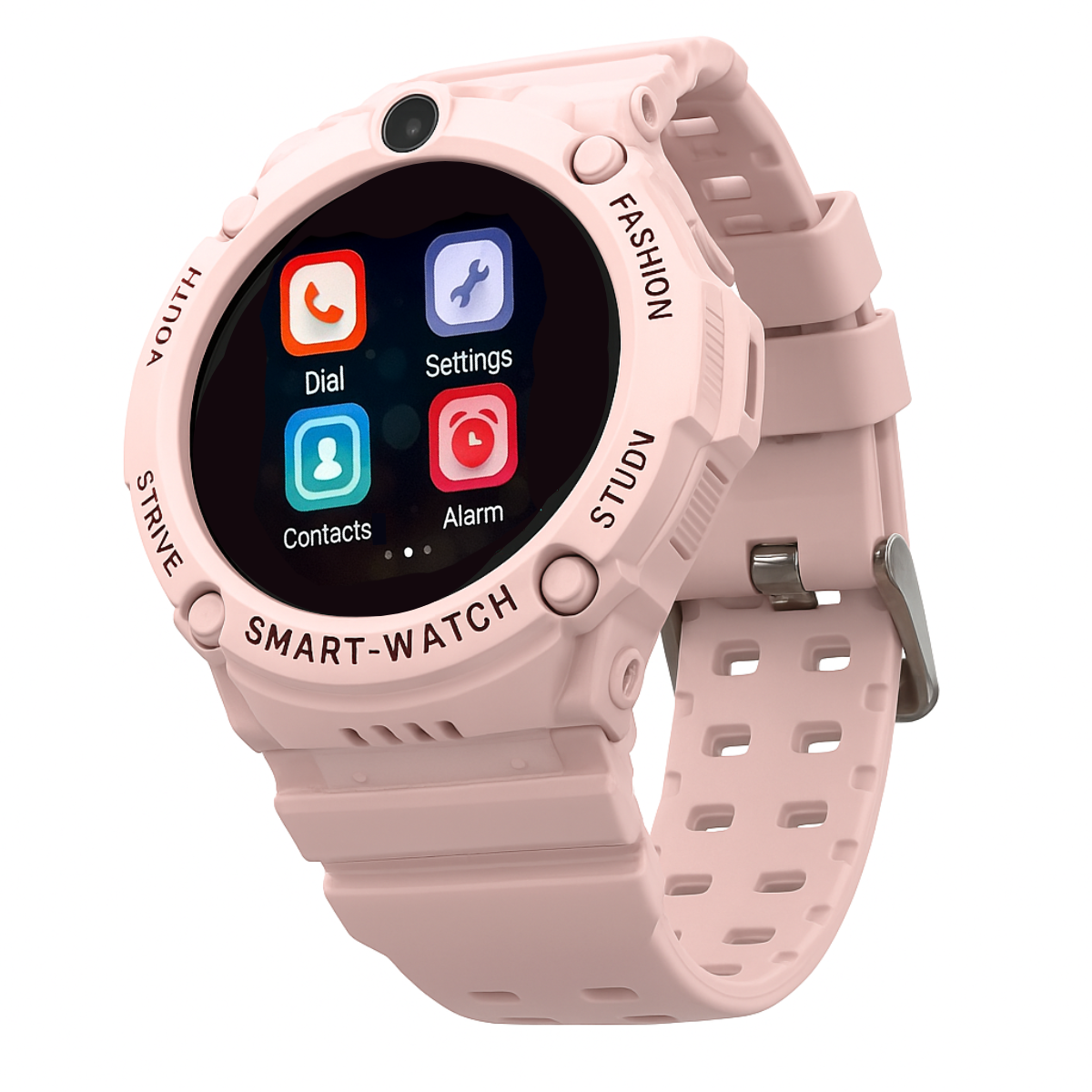 Różowy smartwatch z ikonami aplikacji: wybieranie numeru, ustawienia, kontakty i alarm na okrągłej tarczy.