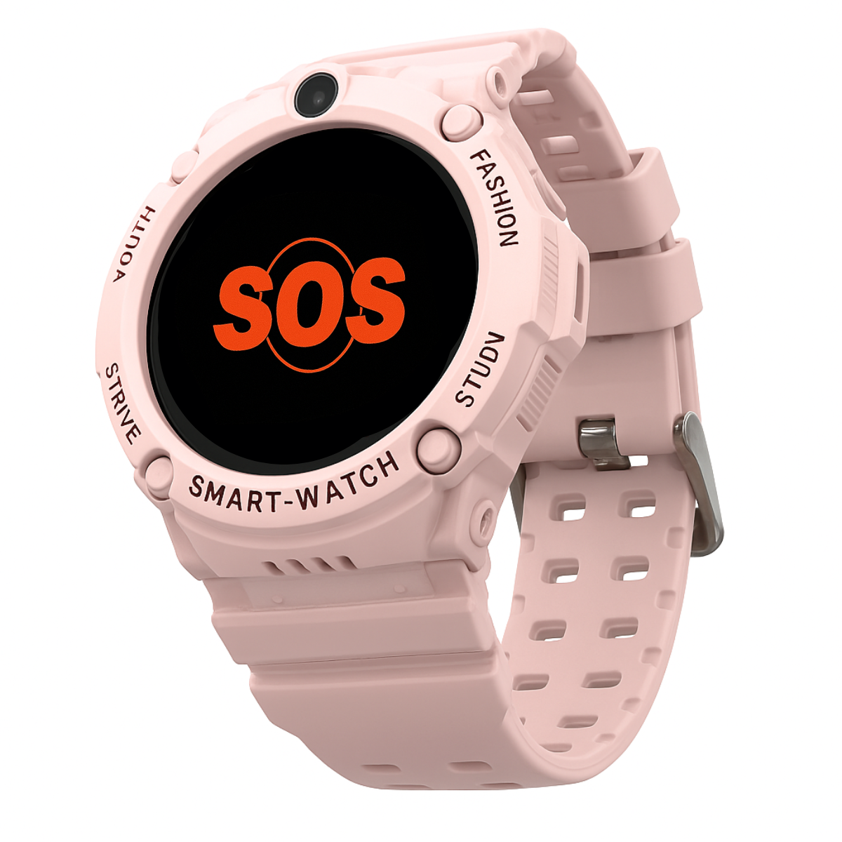 Różowy smartwatch z okrągłym wyświetlaczem z wiadomością SOS. Zegarek ma przyciski i wzorzysty pasek.
