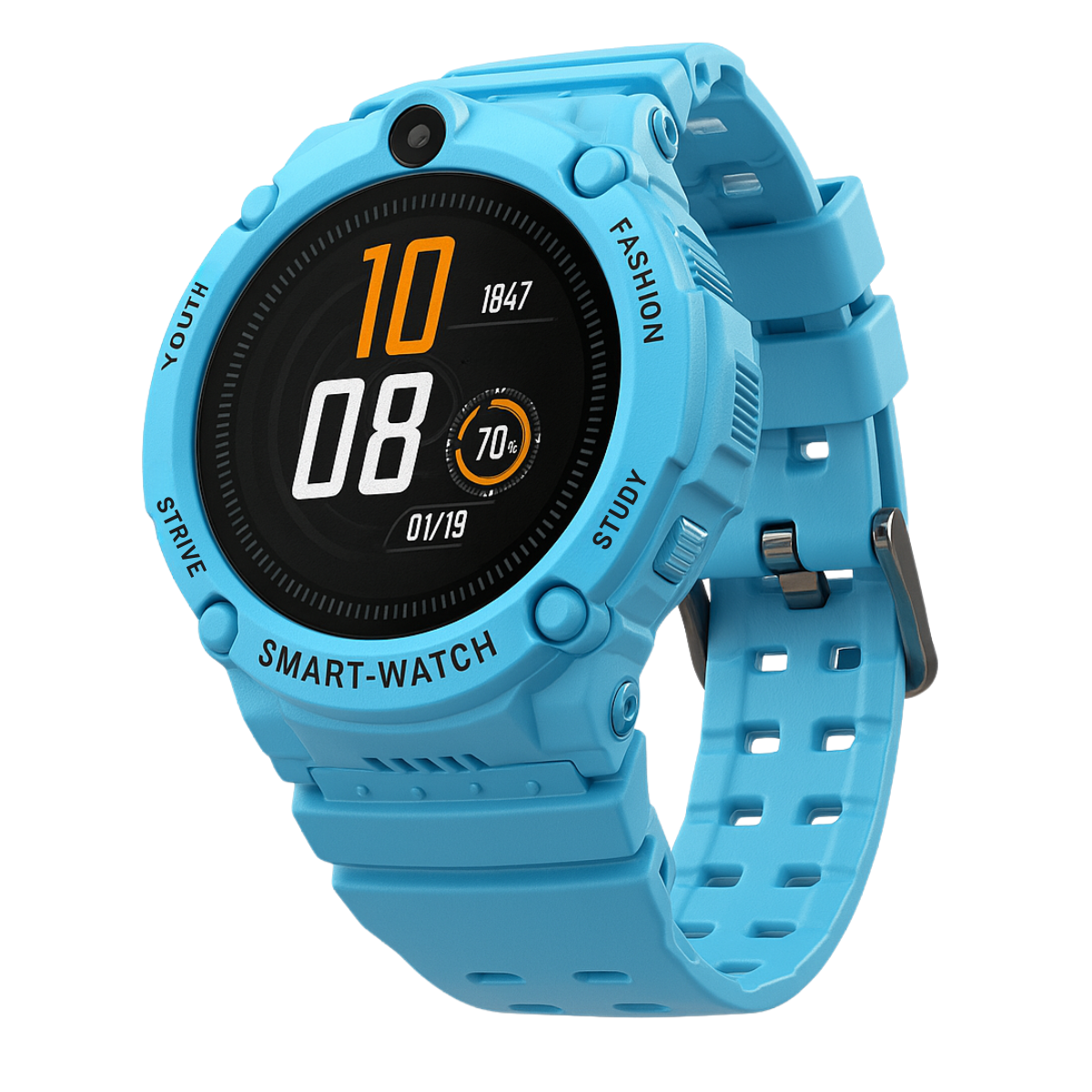 Jasnoniebieski smartwatch wyświetla godzinę 10:08. Zegarek ma okrągłą tarczę i dopasowany niebieski pasek.