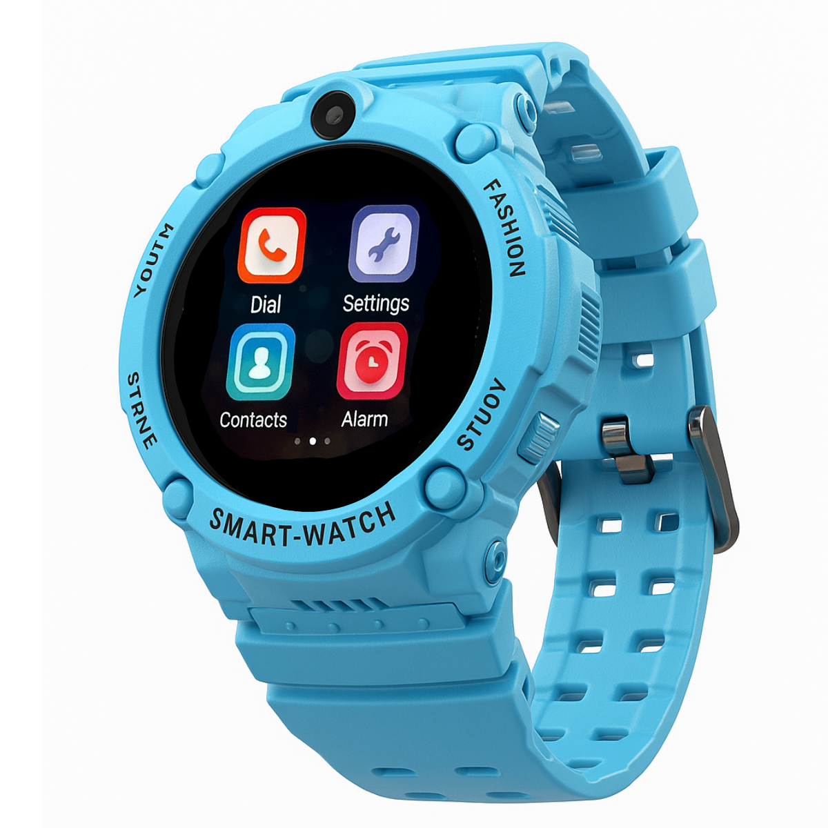 Niebieski smartwatch wyświetla ikony dla wybierania numeru, ustawień, kontaktów i alarmu. Zegarek ma przyciski i dopasowany pasek.