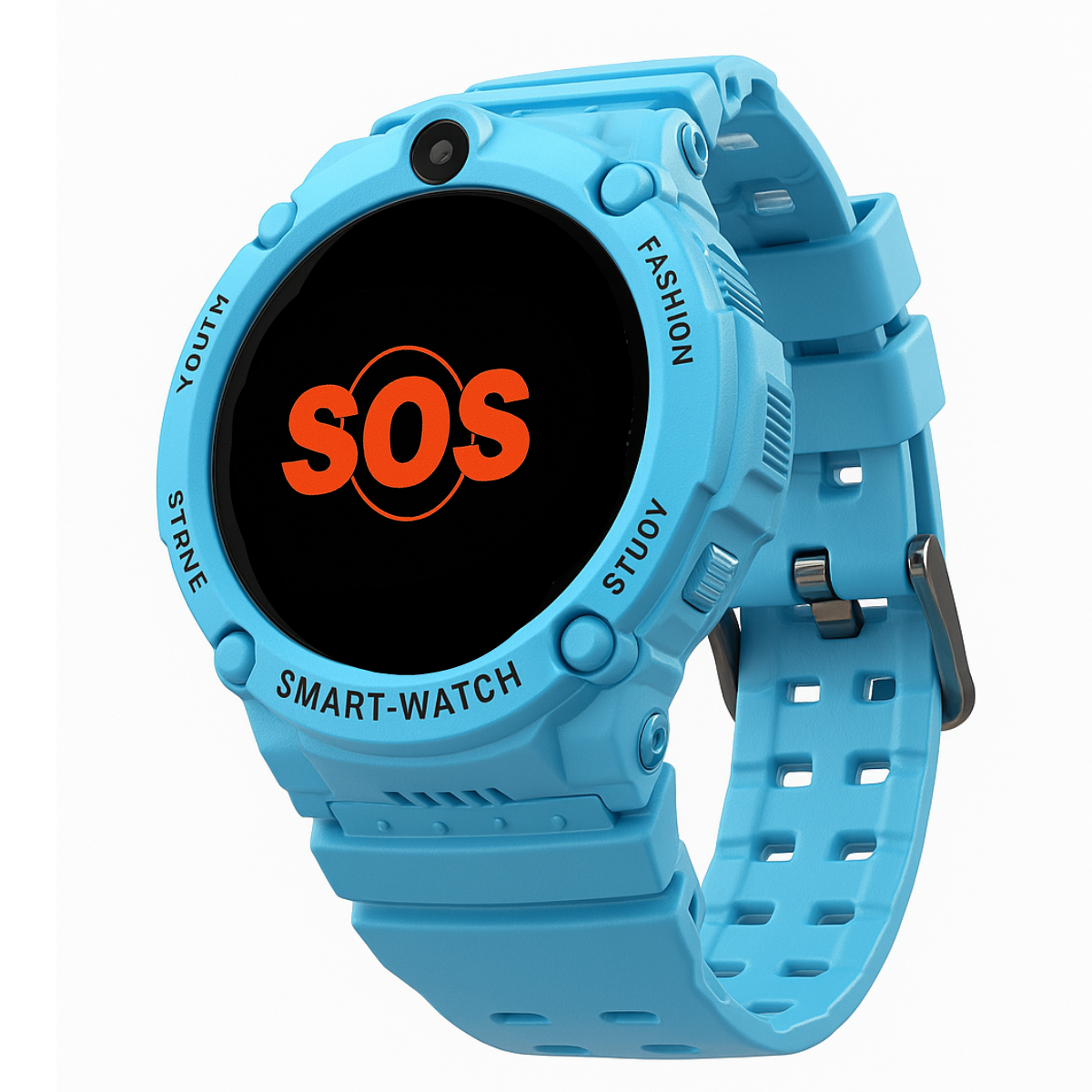 Niebieski smartwatch z okrągłym wyświetlaczem z wiadomością SOS. Zegarek ma przyciski i wzorzysty pasek.