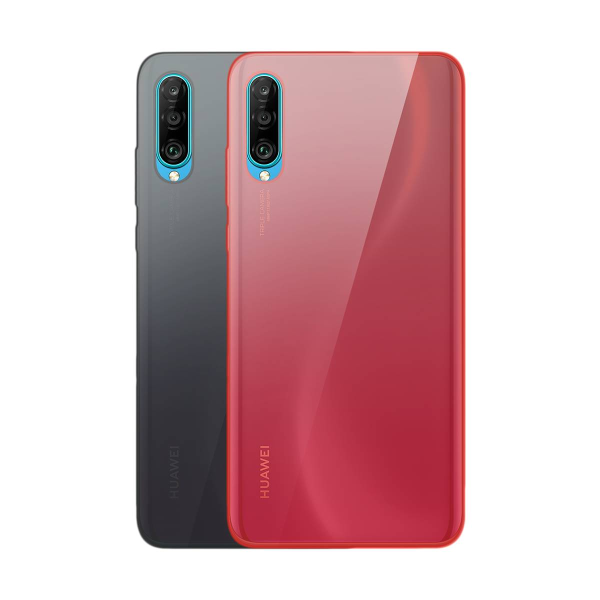 Due telefoni Huawei, uno grigio e uno rosso, sono in piedi e mostrano il loro design elegante e la configurazione a tripla fotocamera.