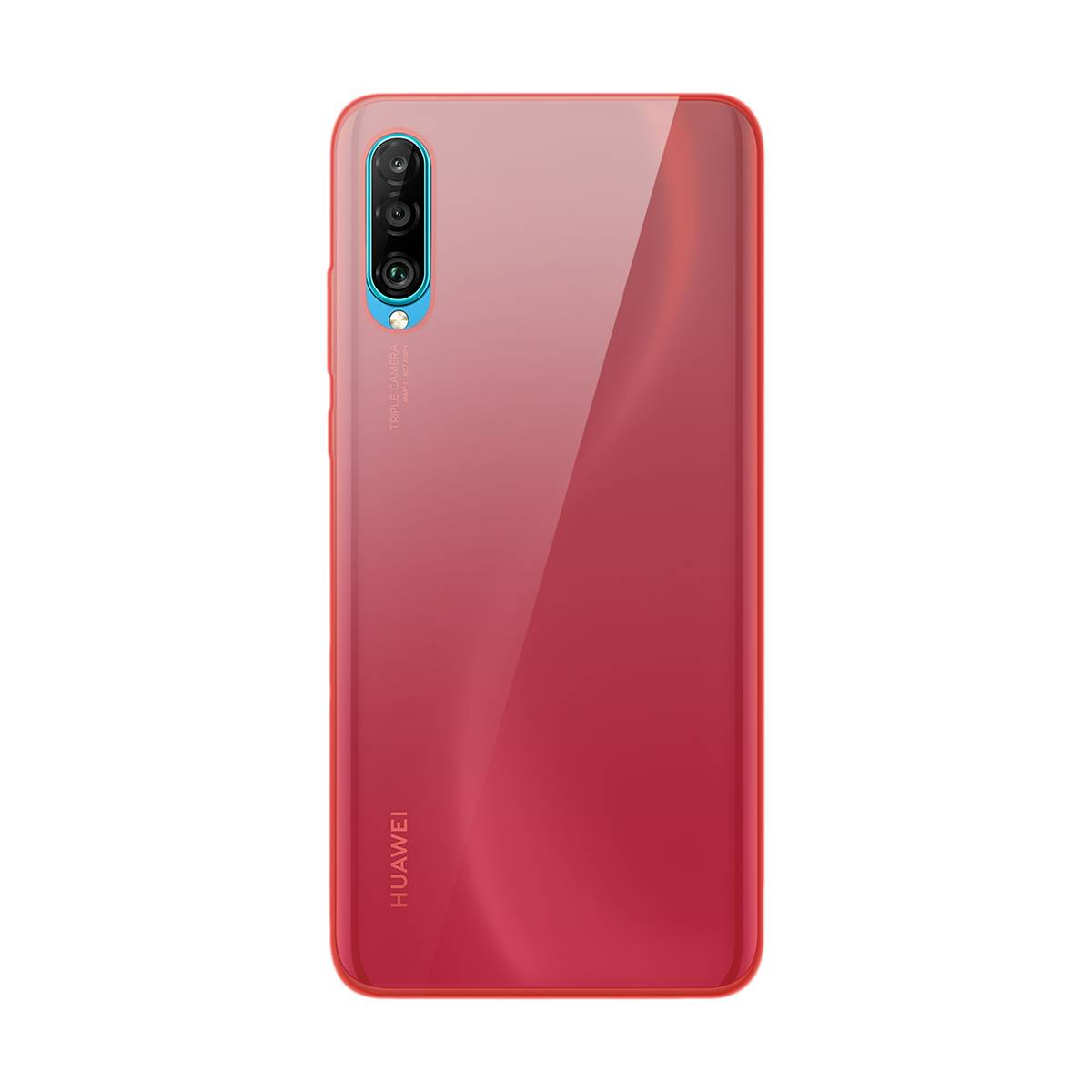 Telefono rosso sfumato con tripla fotocamera. La parola HUAWEI è in basso. Sfondo bianco.