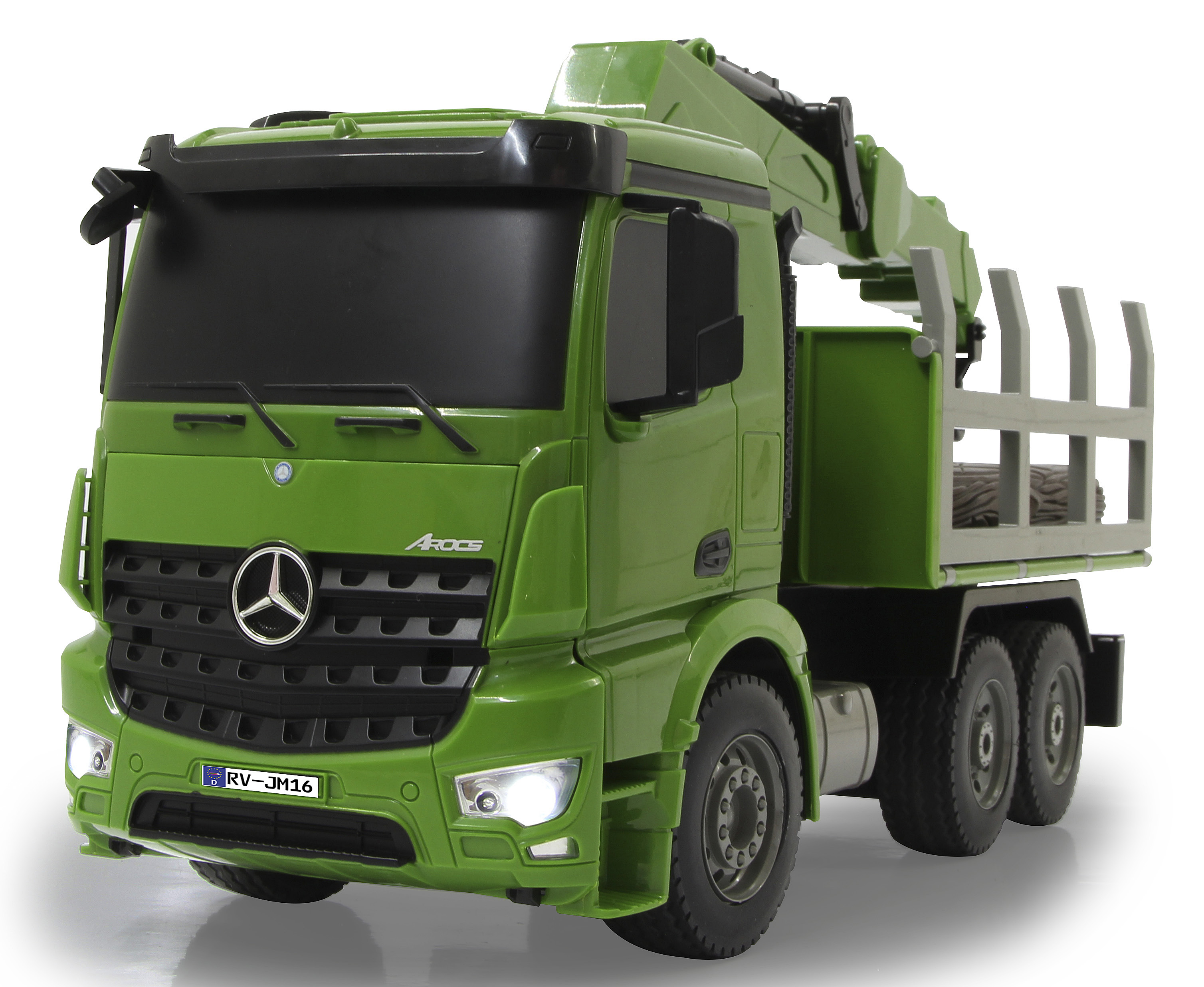 Ein grüner Spielzeug-LKW mit einem Kranausleger, auf weißem Hintergrund. Die Front hat ein Mercedes-Logo.