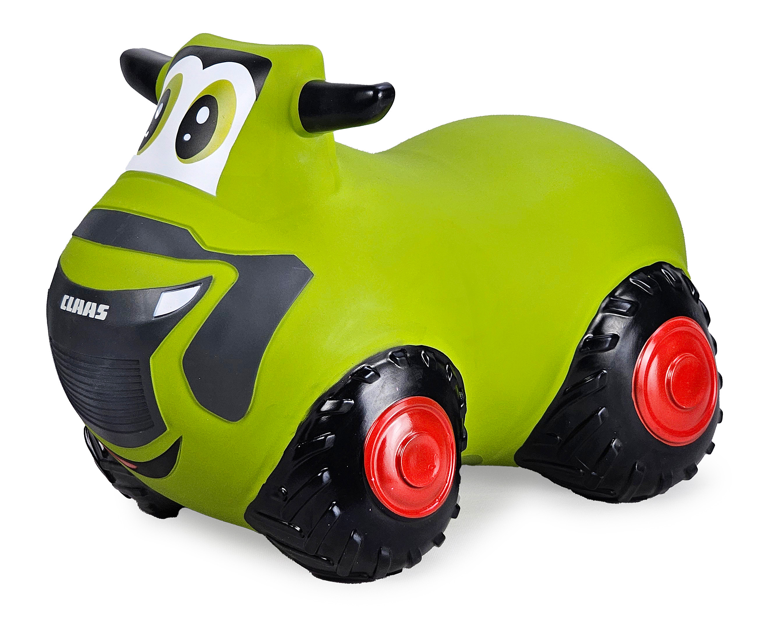 Ein grüner Spielzeugtraktor mit Cartoon-Gesicht und roten Rädern auf weißem Hintergrund.