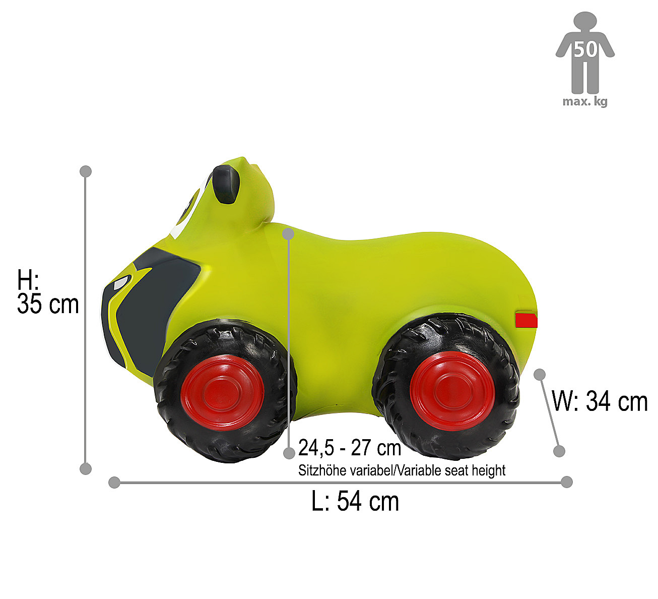 Ein grüner Spielzeugtraktor mit den Maßen: H: 35 cm, L: 54 cm, B: 34 cm. Max. Gewicht 50 kg.