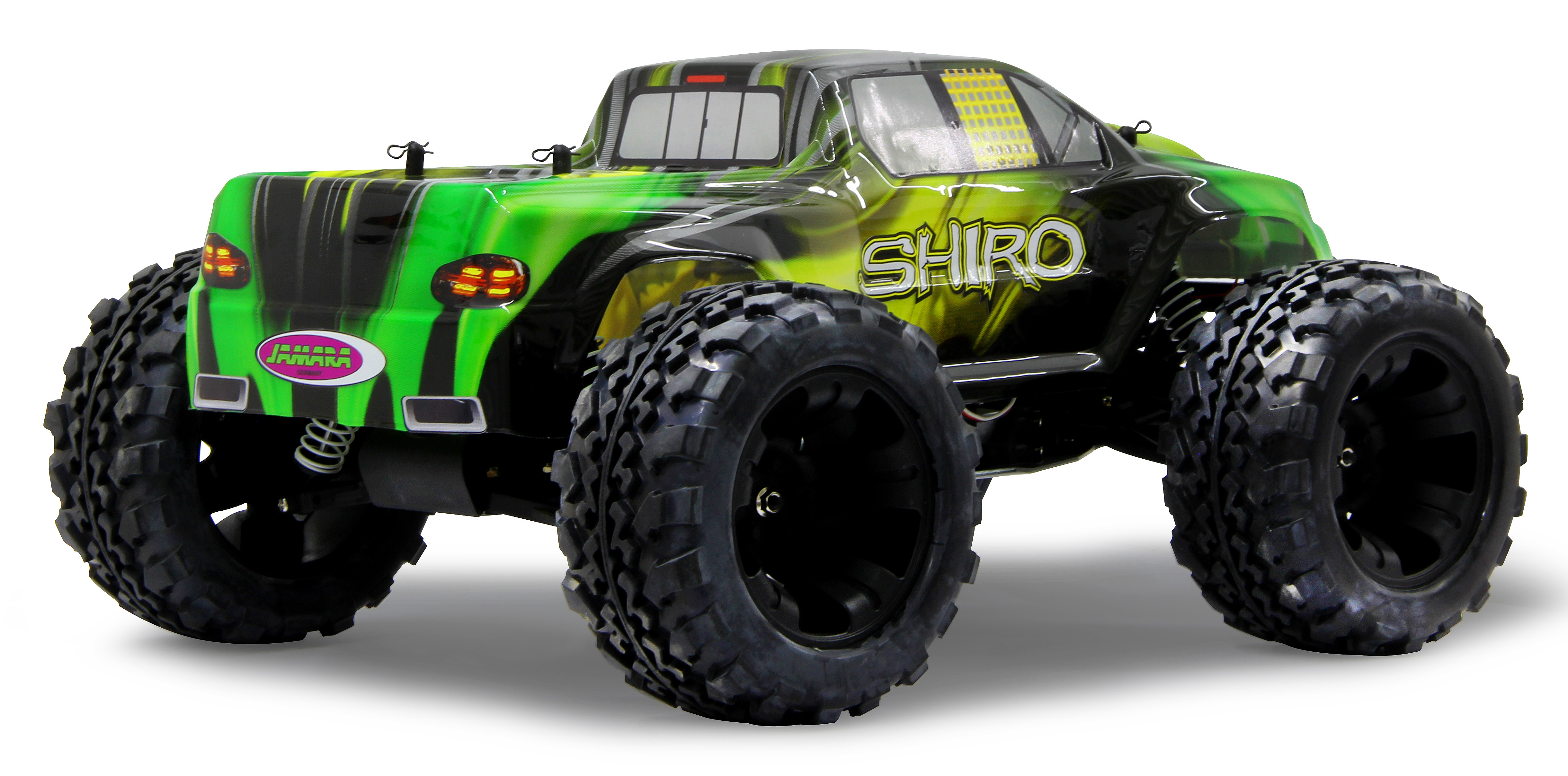 Grünes und schwarzes RC-Auto mit großen Reifen. Das Wort SHIRO steht auf der Seite. Weißer Hintergrund.