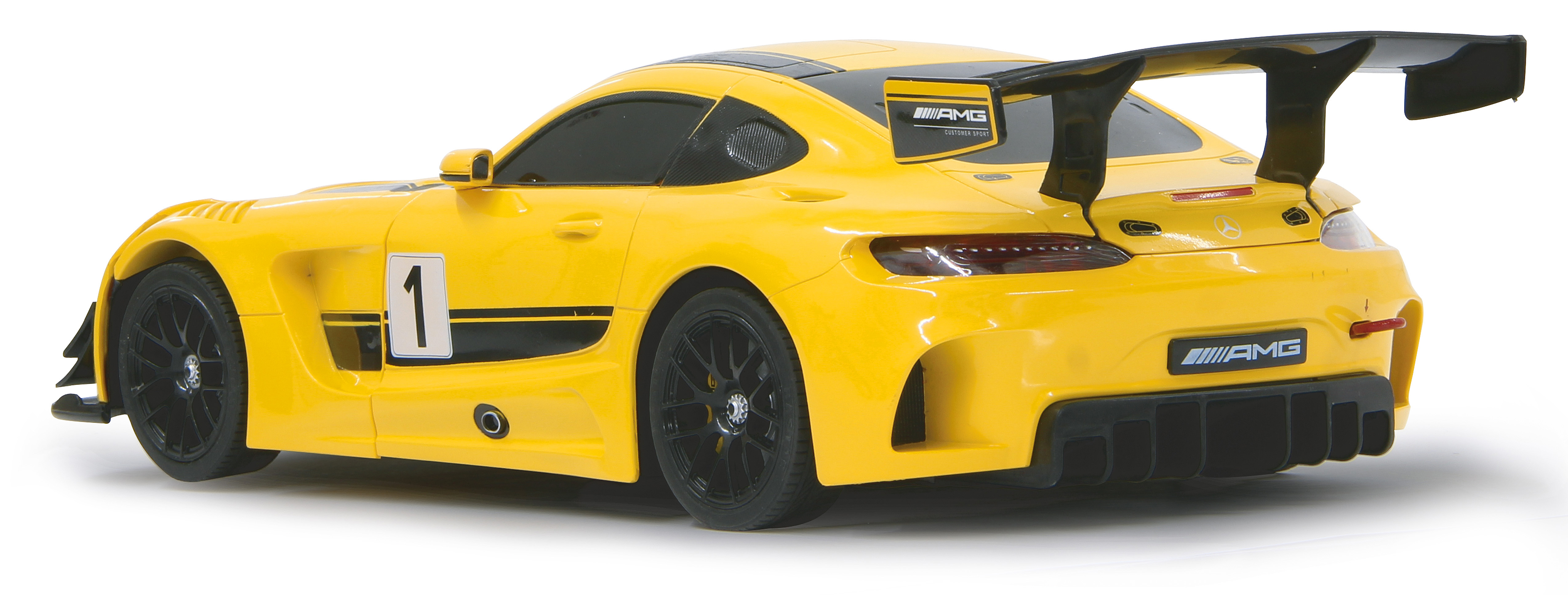Rückansicht eines gelben Spielzeugautos mit Spoiler. Schwarze Streifen, Nummer 1 und AMG-Branding. Weißer Hintergrund.