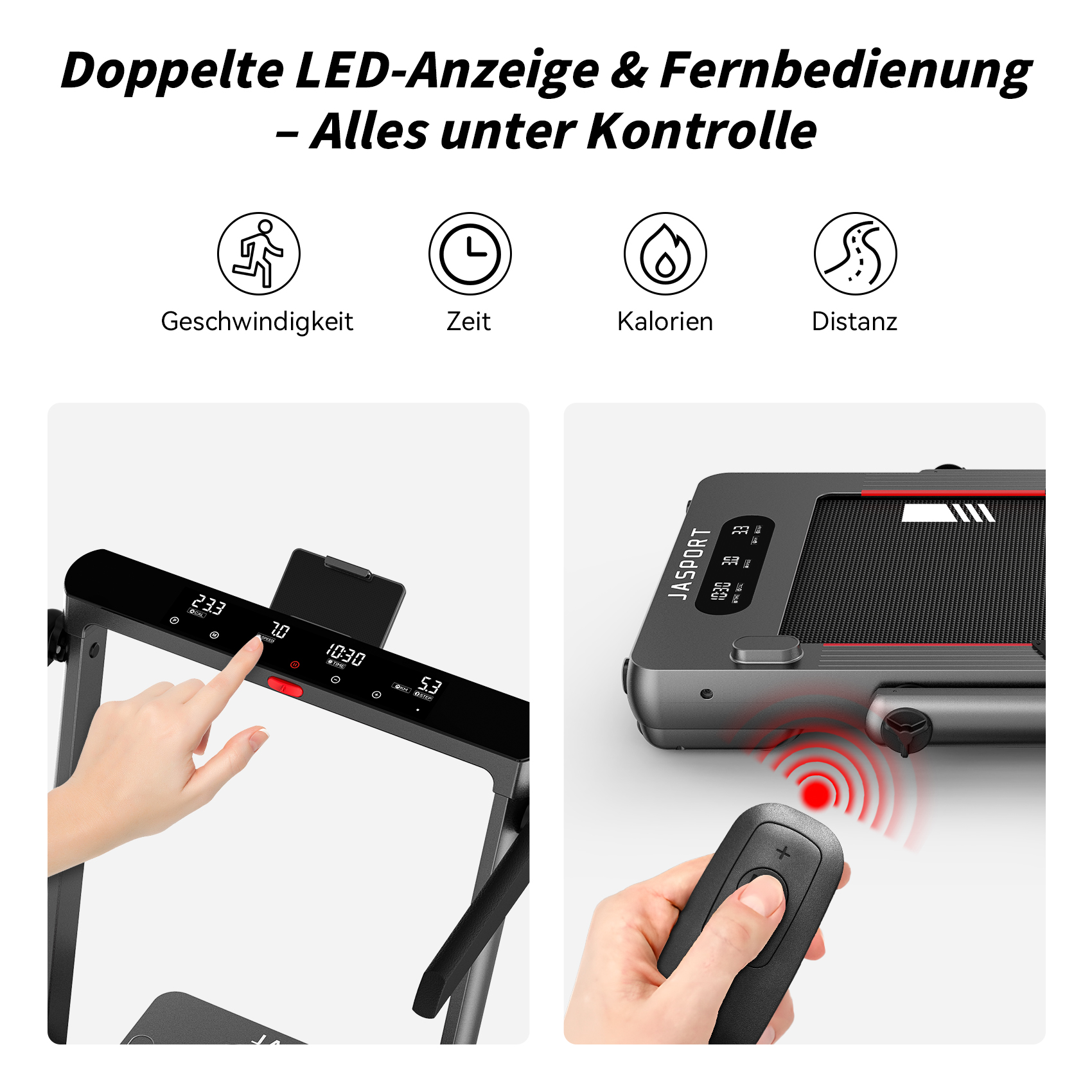 Bild mit Text und Symbolen zu einem Laufband, mit einer Hand, die den Bildschirm berührt. Weißer Hintergrund.