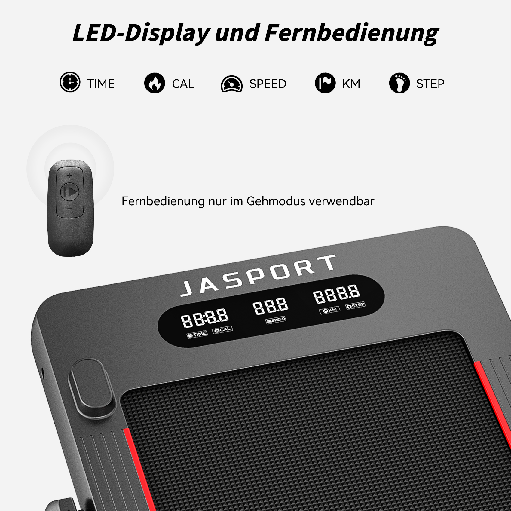 Nahaufnahme des Laufband-Bedienfelds und der Fernbedienung. Grau und rot. Weißer Hintergrund.
