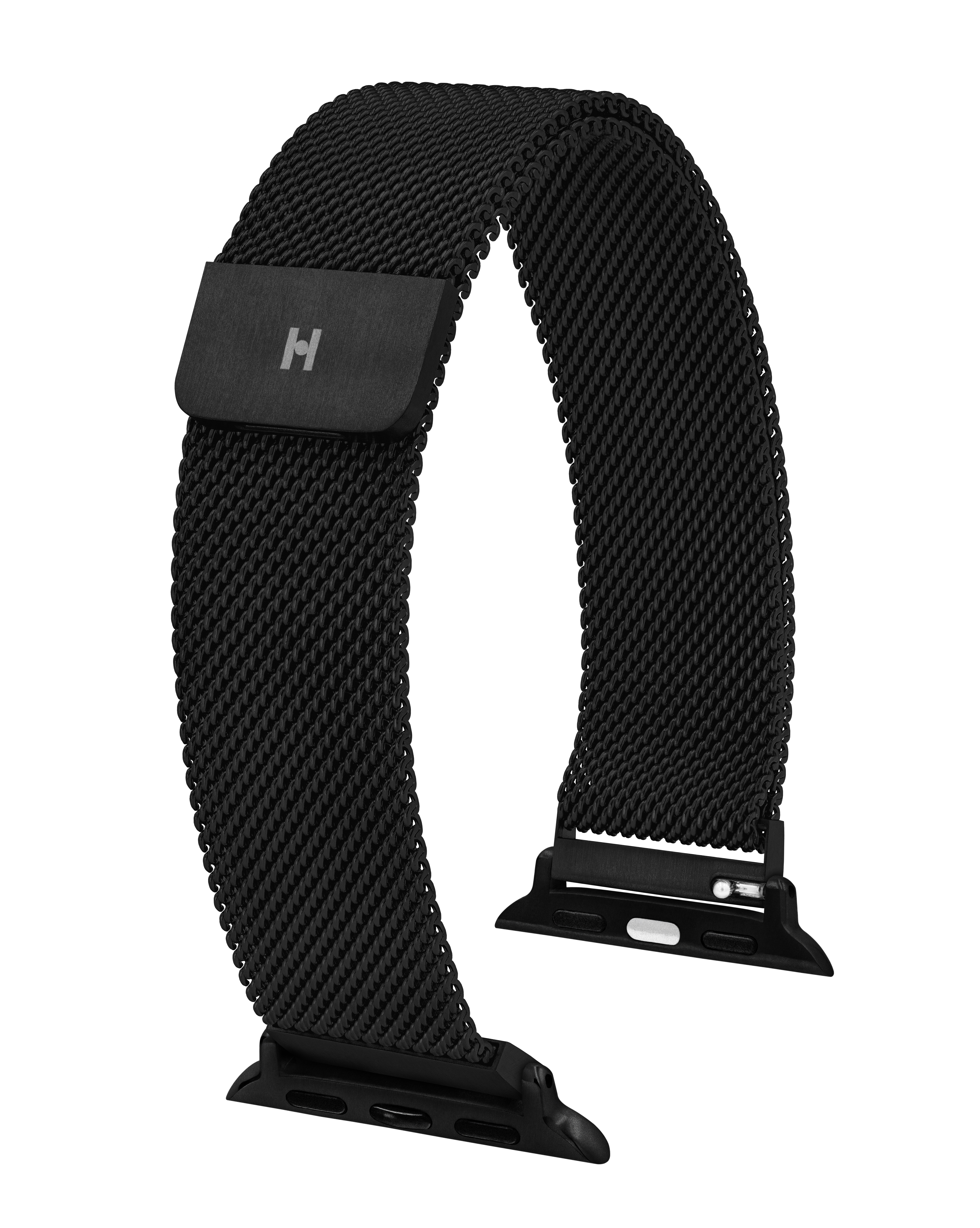 Schwarzes Mesh-Uhrenarmband mit schwarzem Verschluss. Das Band ist gebogen und zeigt die Innenseite.
