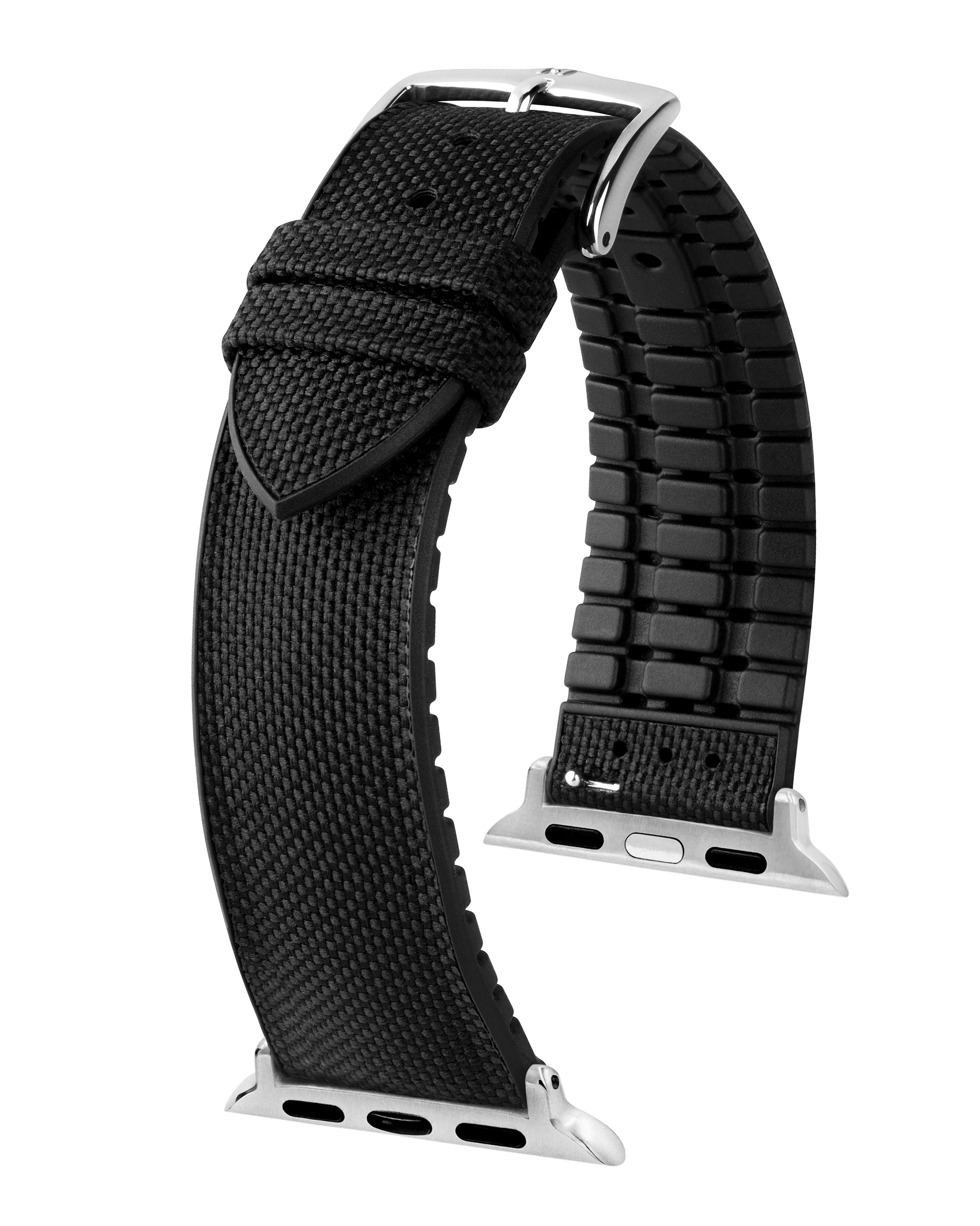 Schwarzes Uhrenarmband, leinwandartige Textur. Silberne Schnalle und Uhrenbefestigung. Das Band ist gebogen.