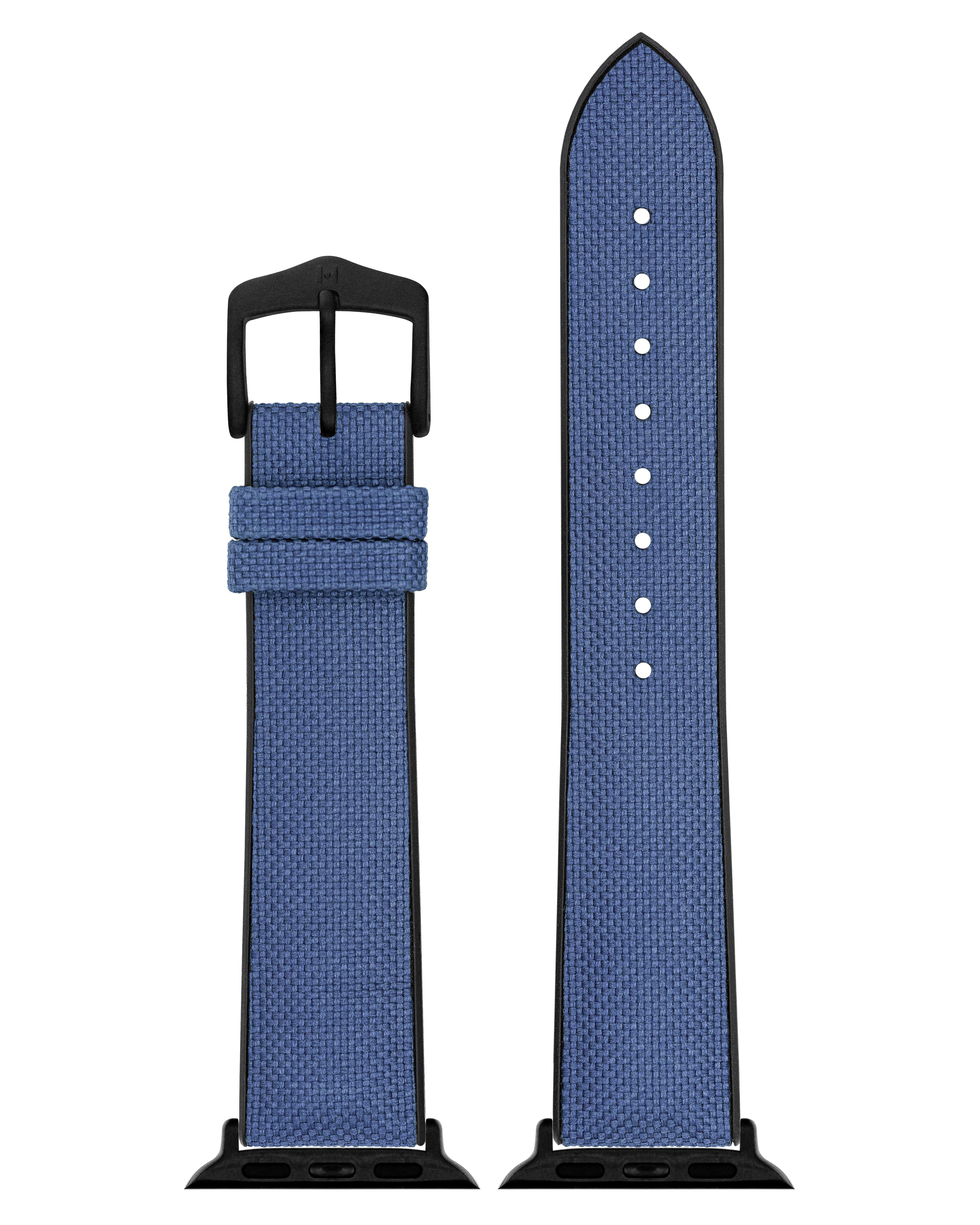 Zweiteiliges Uhrenarmband, blaues Canvas-Muster. Schwarze Schnalle und Aufsätze. Das Band ist gerade.