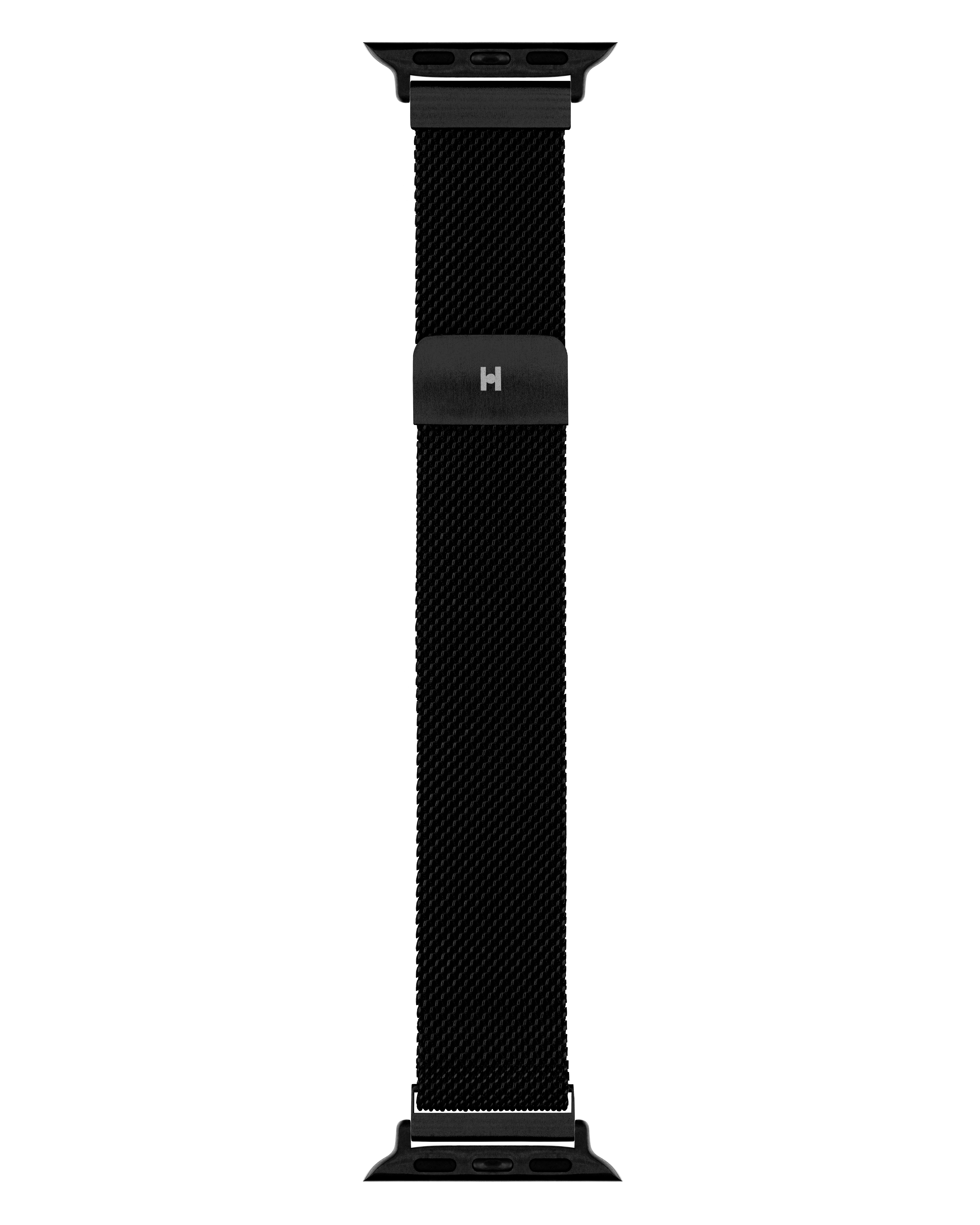 Schwarzes Mesh-Uhrenarmband. Schwarze Aufsätze. Das Band hat einen Verschluss mit Logo. Gerade.