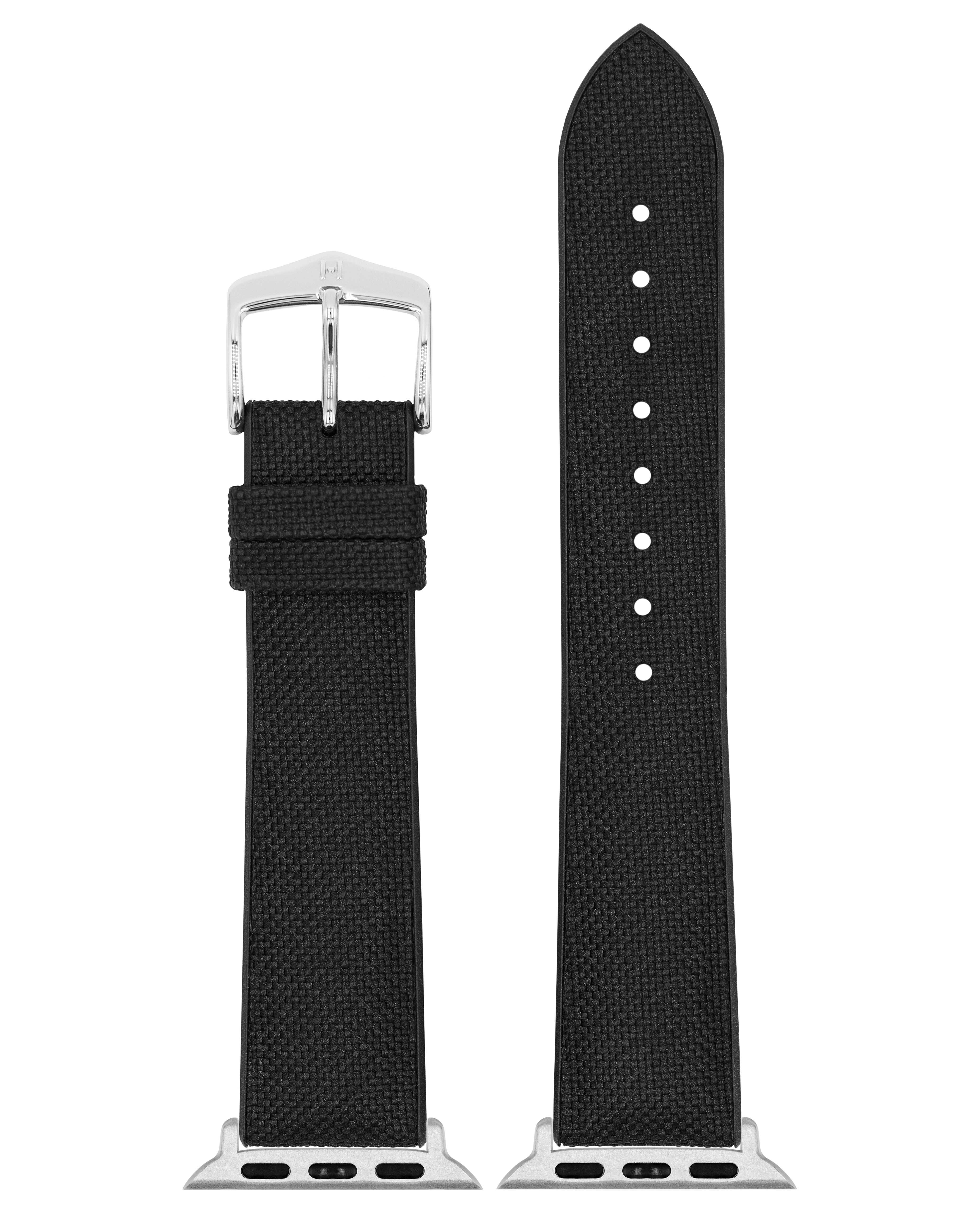 Schwarzes Uhrenarmband. Schwarze, leinwandartige Textur. Silberne Schnalle und Aufsätze. Gerade.