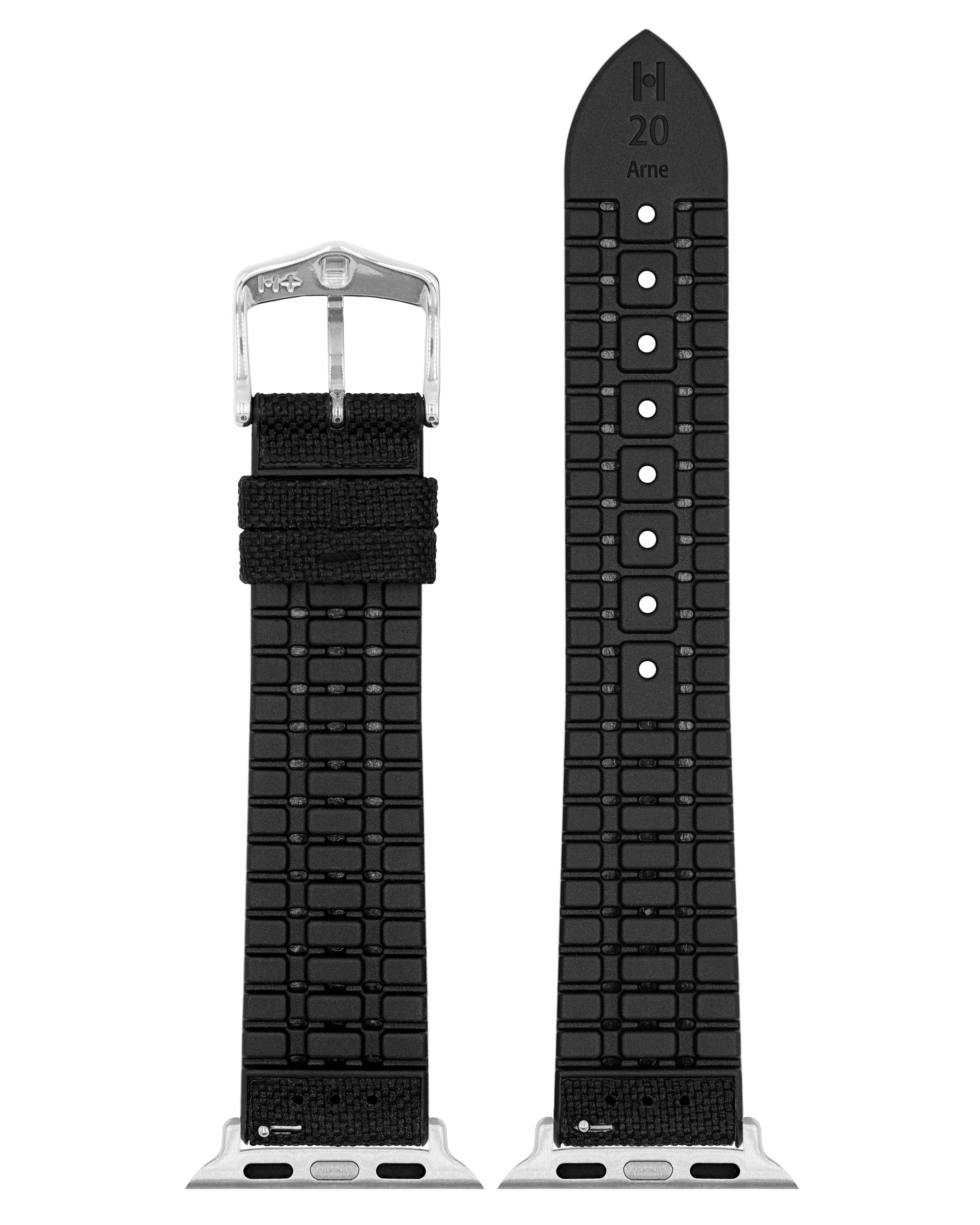 Zweiteiliges Uhrenarmband. Schwarzes, ziegelartiges Design. Silberne Schnalle und Aufsätze. Schwarzes Gewebe.