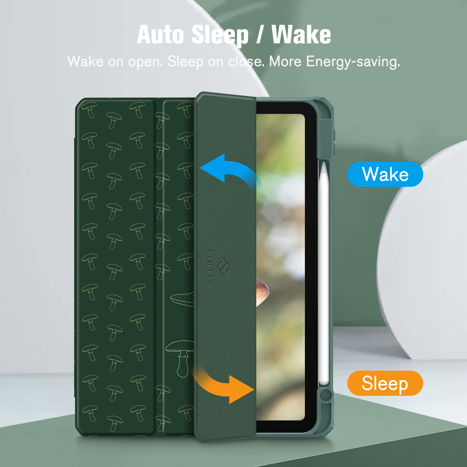 iPad Air Hülle. Grüne Hülle. Grüne Abdeckung mit Pilzgrafiken. Funktionen Wecken und Schlafen.