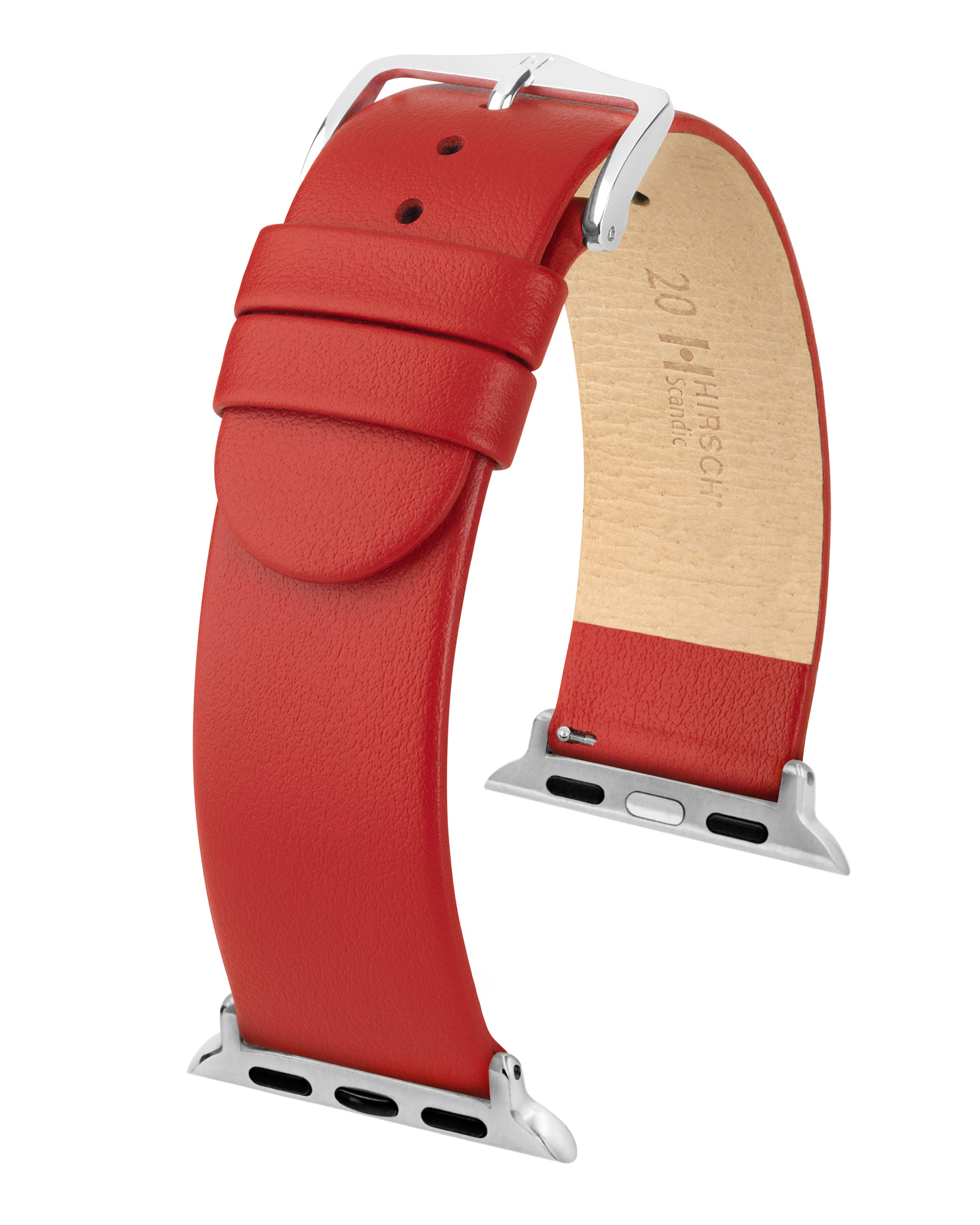 Rotes Uhrenarmband. Rotes Leder. Silberne Aufsätze und Schnalle. Hellbraun innen. Gebogen.