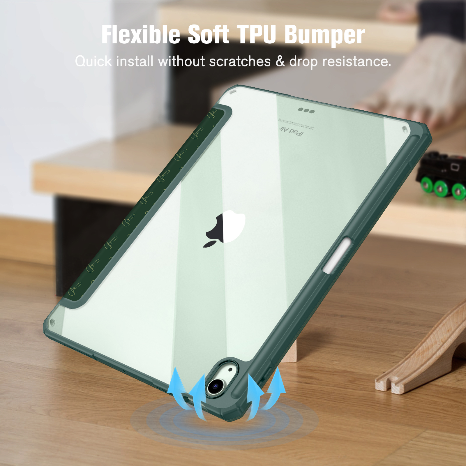 iPad Air Hülle. Grüner Rahmen. Transparenter Rücken. Pfeile zeigen Stoßfestigkeit. Nahaufnahme.