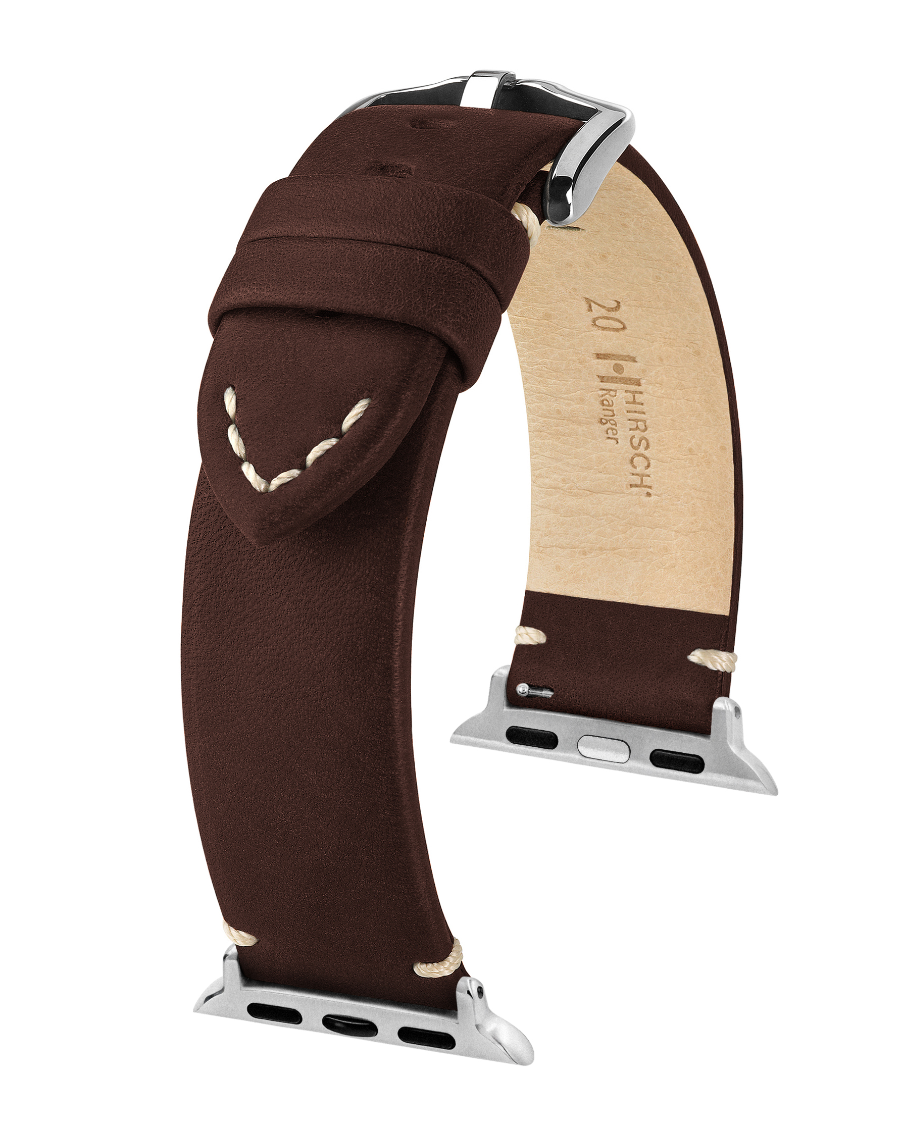 Ein braunes Lederarmband mit silberner Schnalle, weißen Nähten und silbernen Aufsätzen.