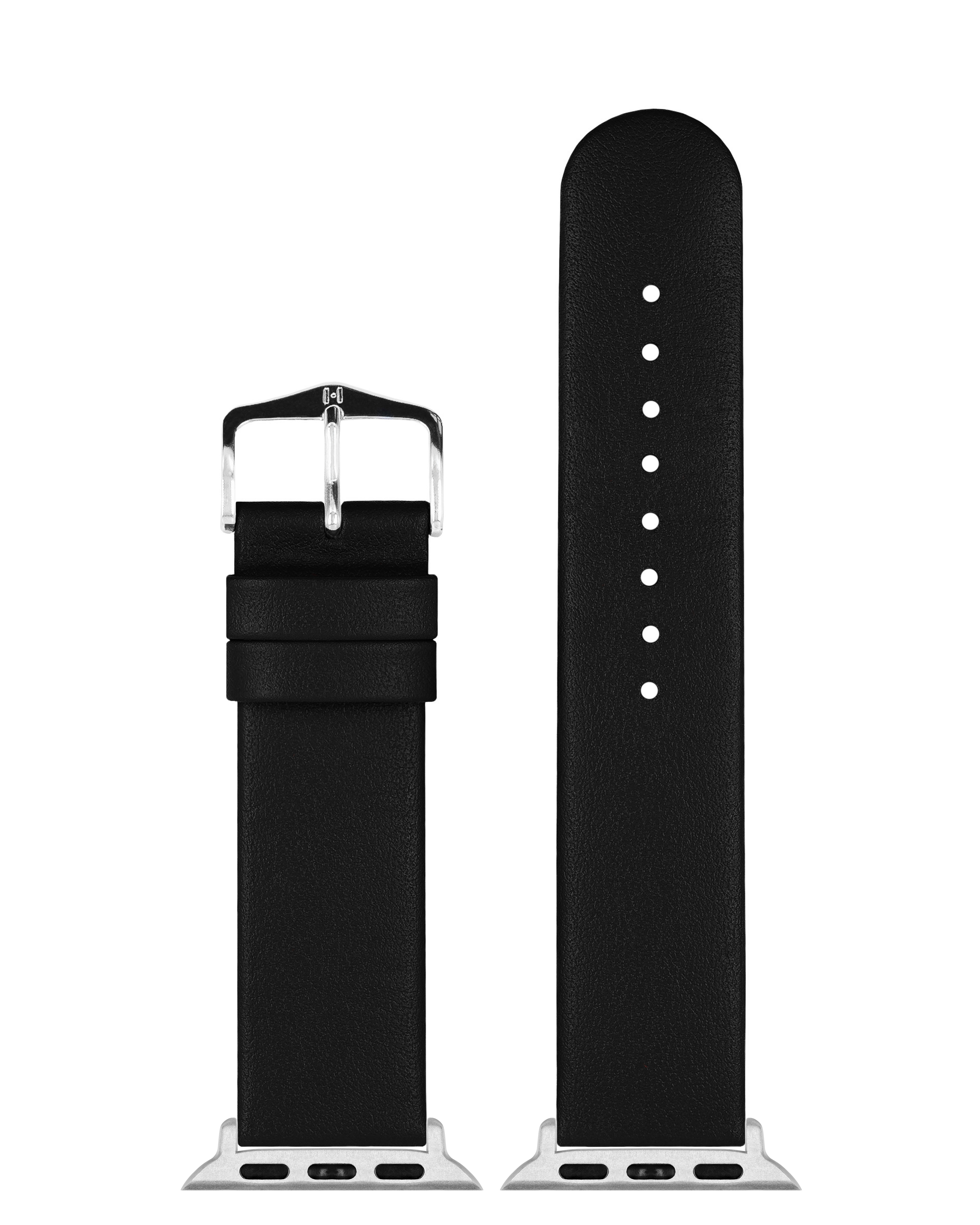 Zwei schwarze Uhrenarmbänder; eins mit silberner Schnalle, das andere mit Löchern, auf weißem Grund.