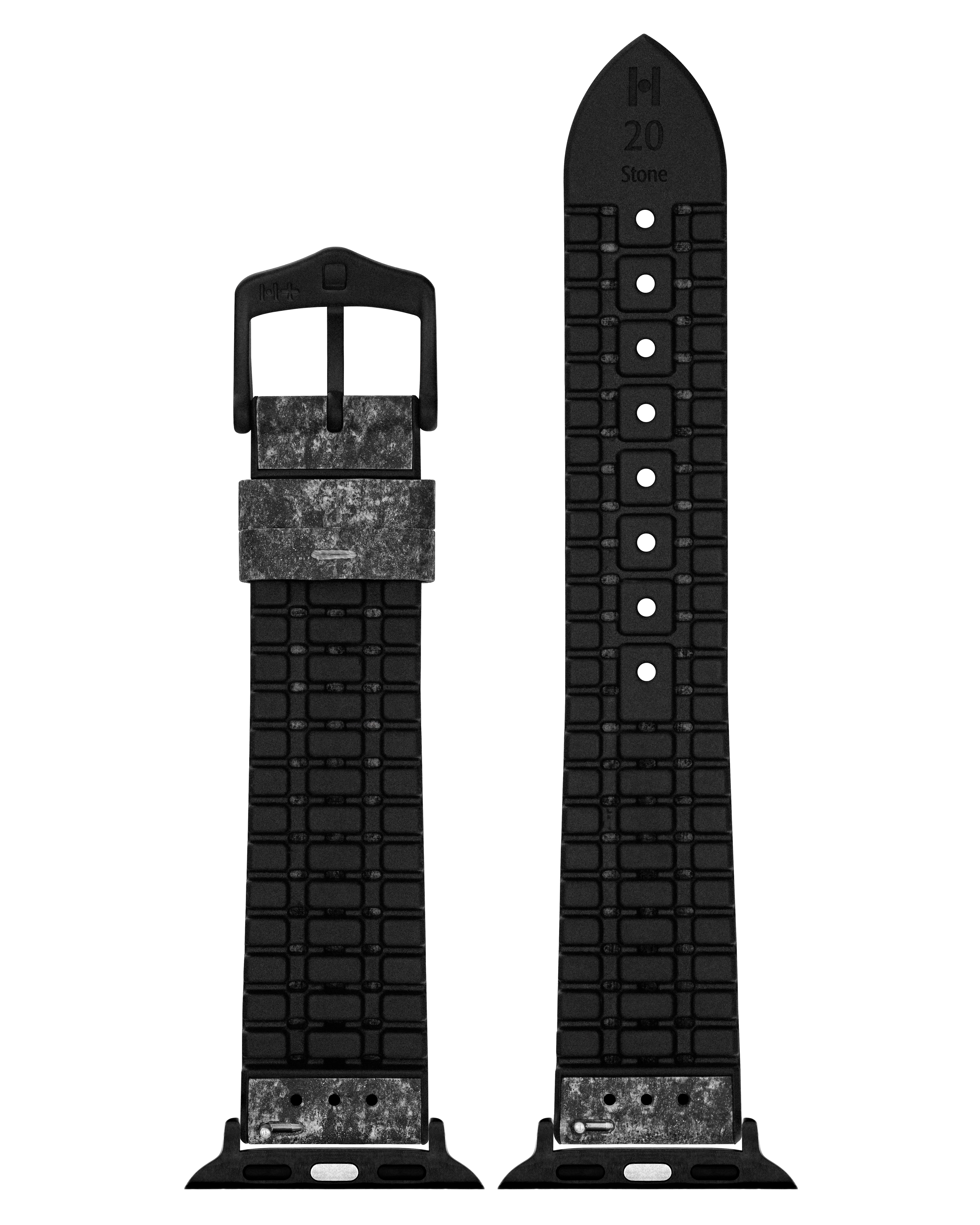 Zwei schwarze Uhrenarmbänder mit strukturiertem Muster, eines mit Schnalle, das andere mit Löchern, auf weißem Grund.