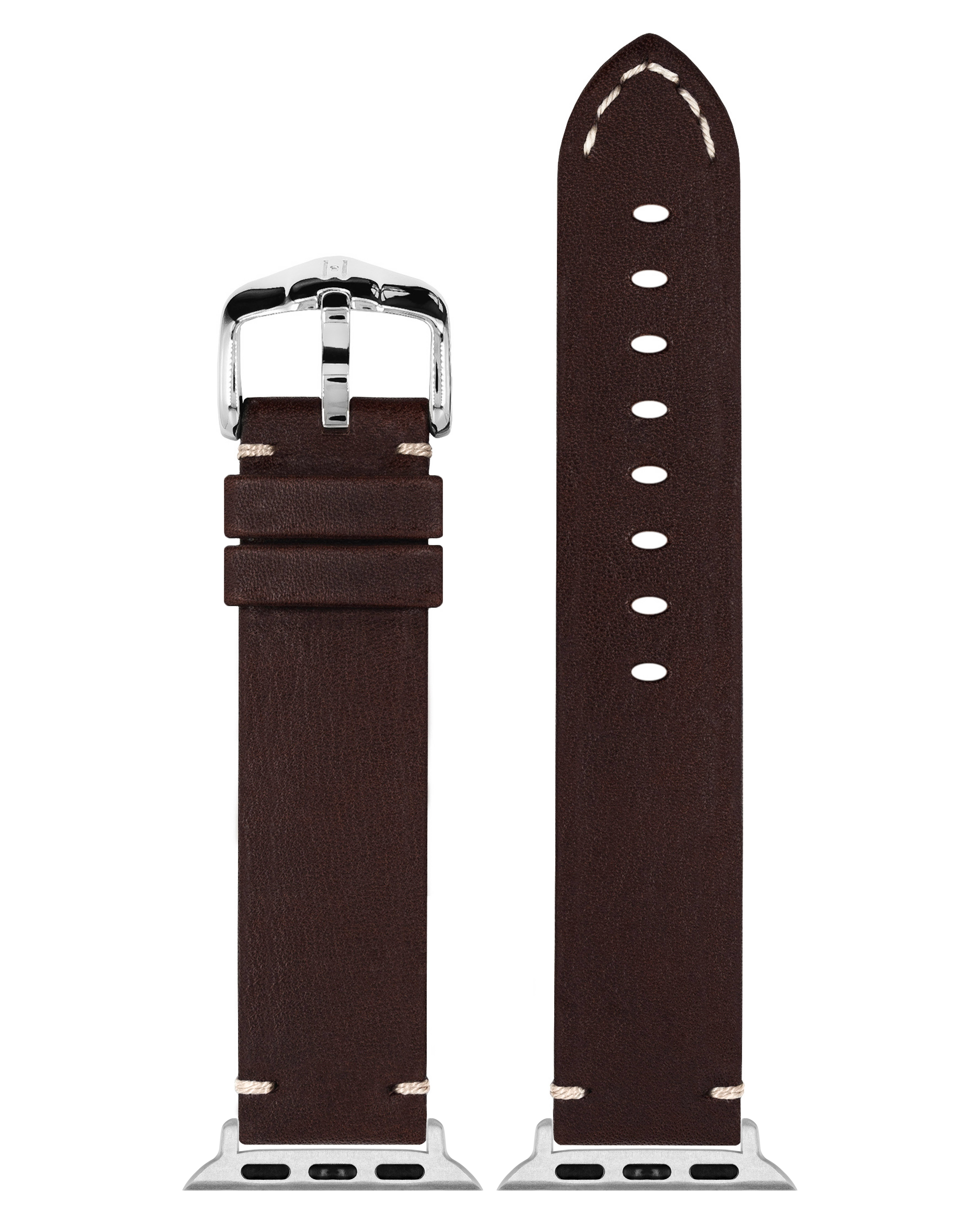 Ein braunes Lederarmband mit silberner Schnalle und heller Naht, auf weißem Hintergrund.