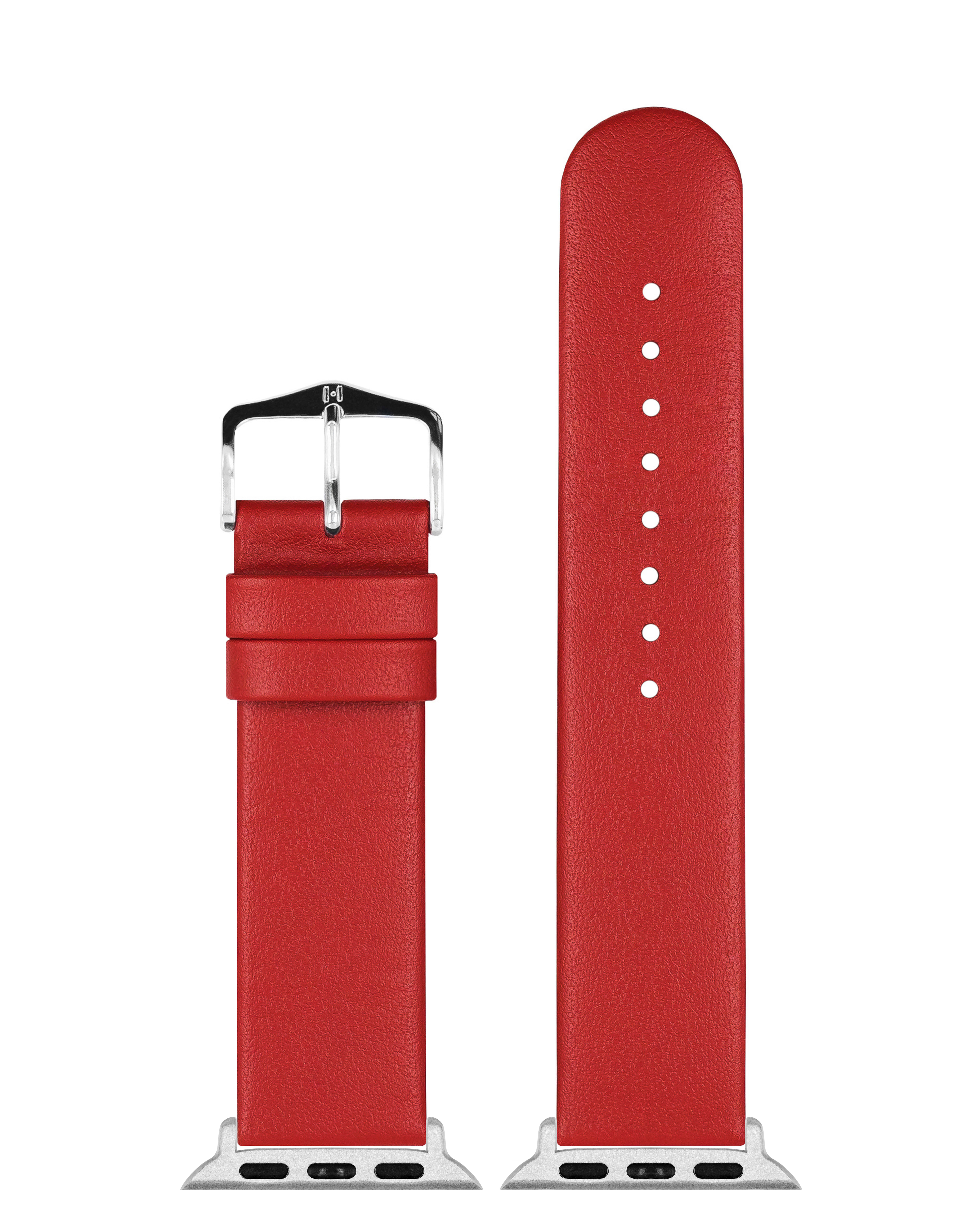 Ein rotes Lederarmband mit silberner Schnalle und weißen Nähten, auf weißem Hintergrund.
