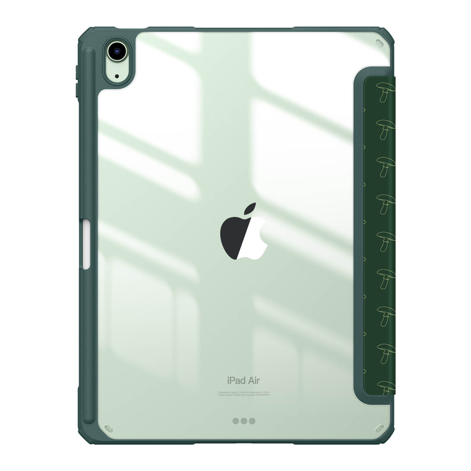 Eine grüne Tablethülle mit transparentem Rücken und Apple-Logo, mit Pilzmuster an der Seite.