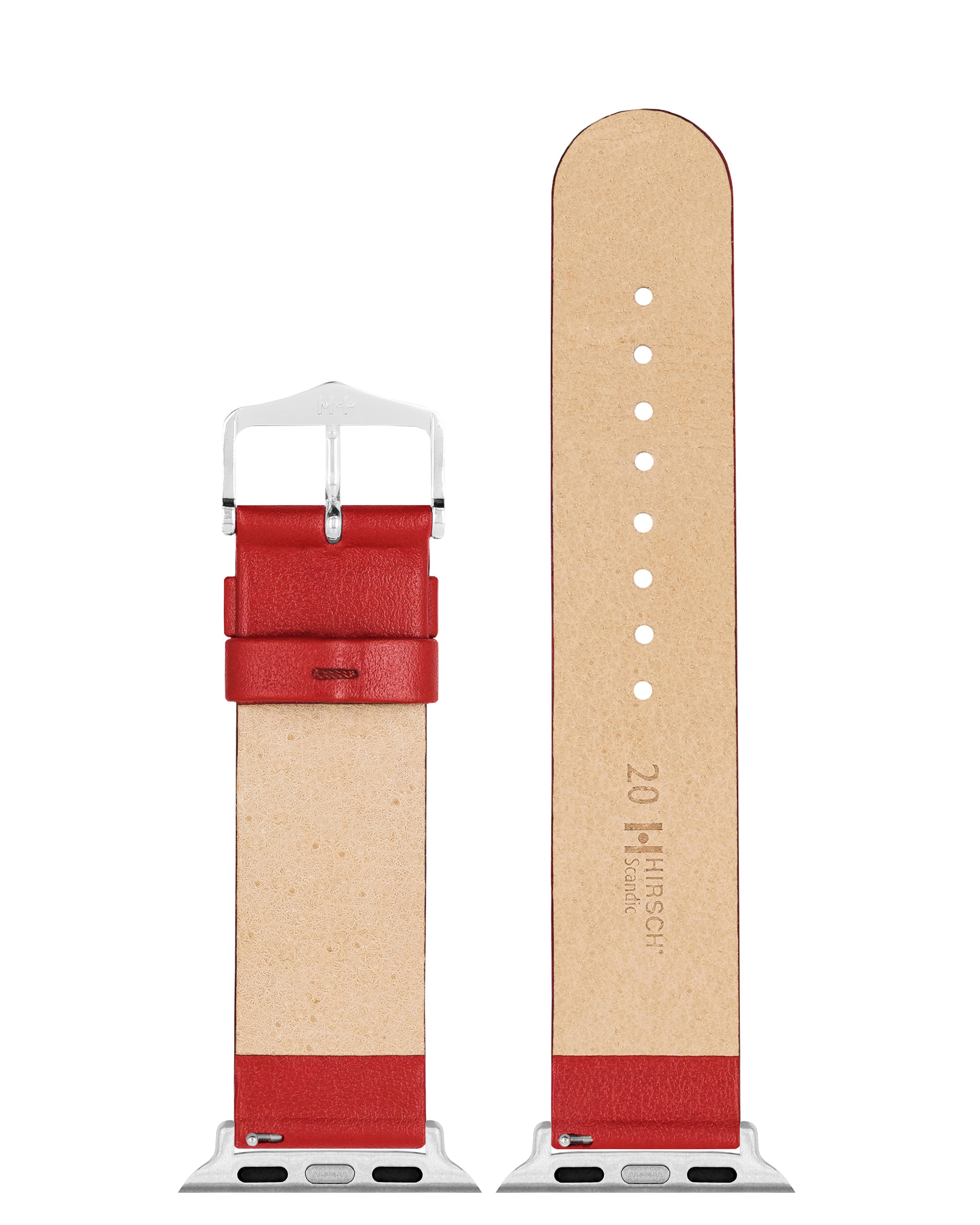 Rotes Leder-Uhrenarmband mit silberner Schnalle und beigefarbener Unterseite. Zweites Armband sichtbar.