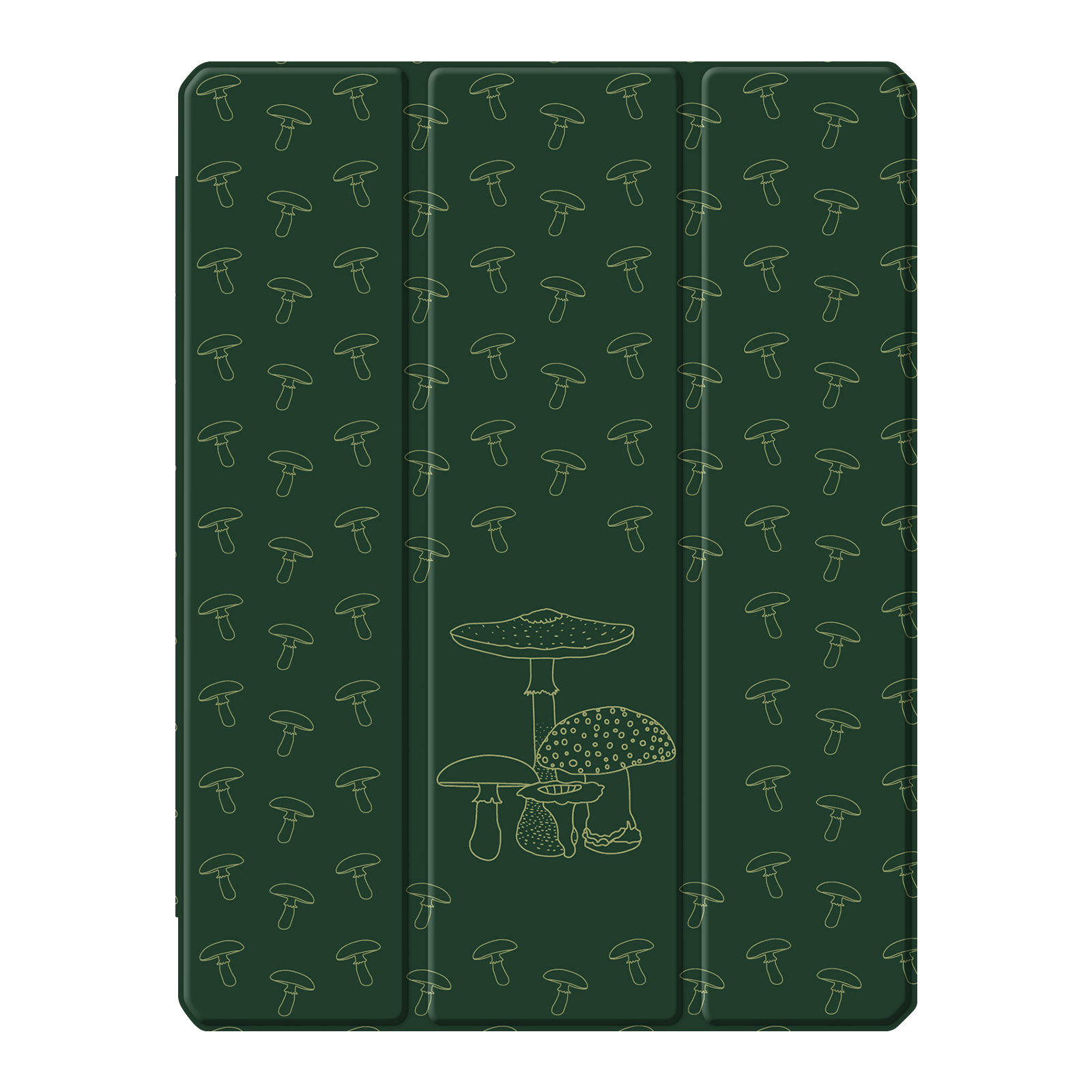 Grüne iPad-Hülle mit einem Pilzmuster. Drei Pilze sind in der Mitte sichtbar.