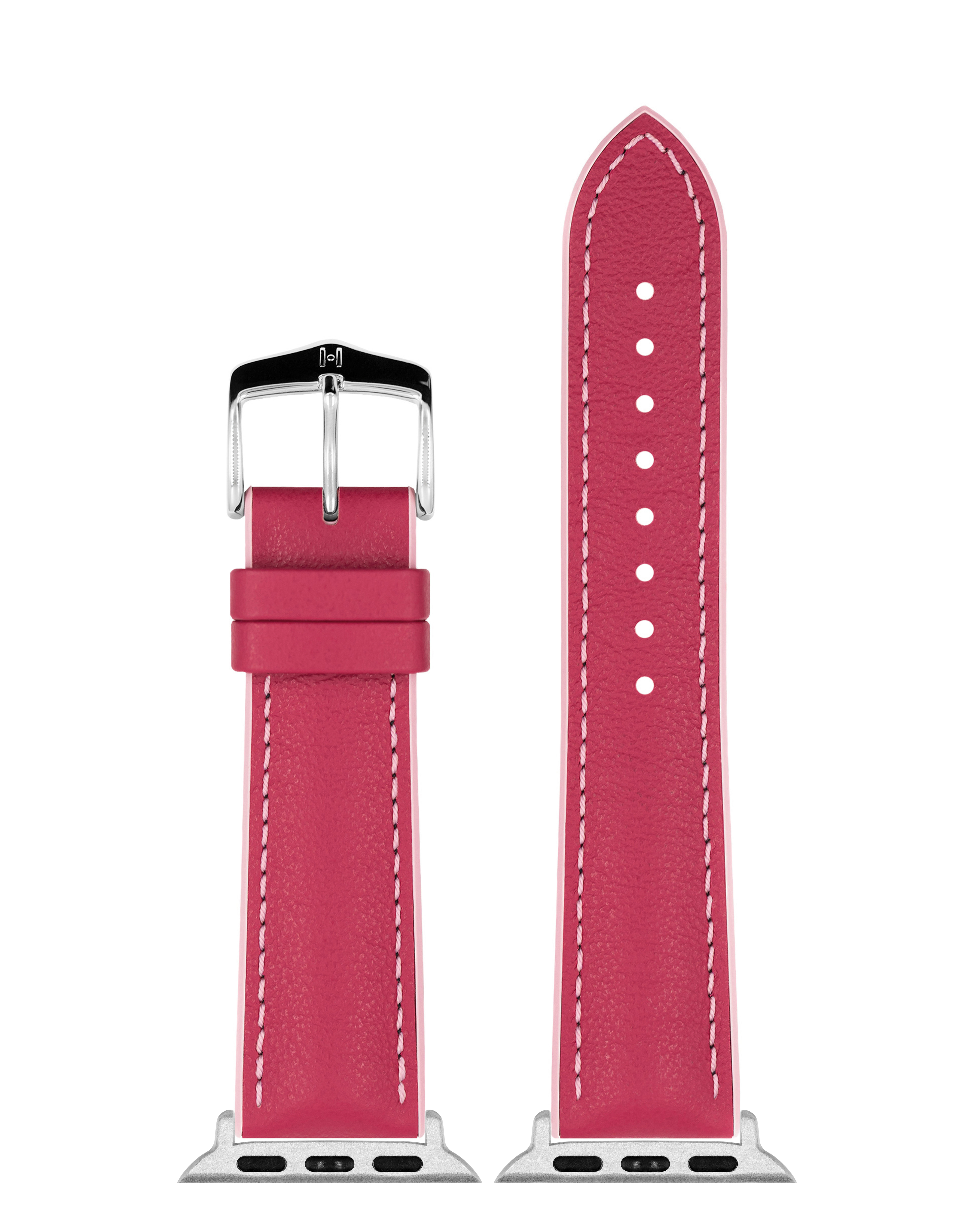 Rosa Uhrenarmband mit weißen Nähten und einer silbernen Schnalle, vor weißem Hintergrund.