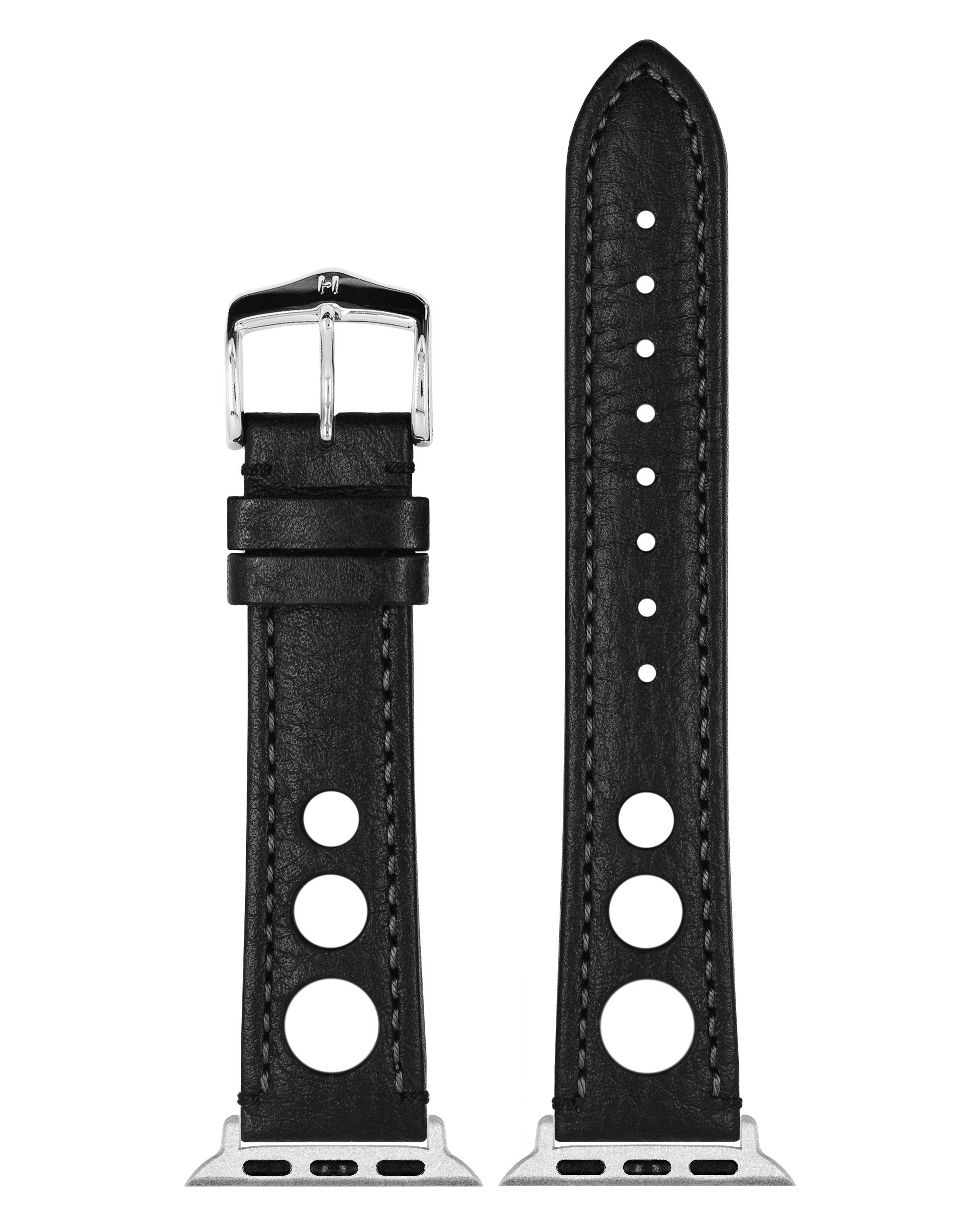 Schwarzes Uhrenarmband mit drei Löchern und weißen Nähten, silberne Schnalle, auf weißem Hintergrund.
