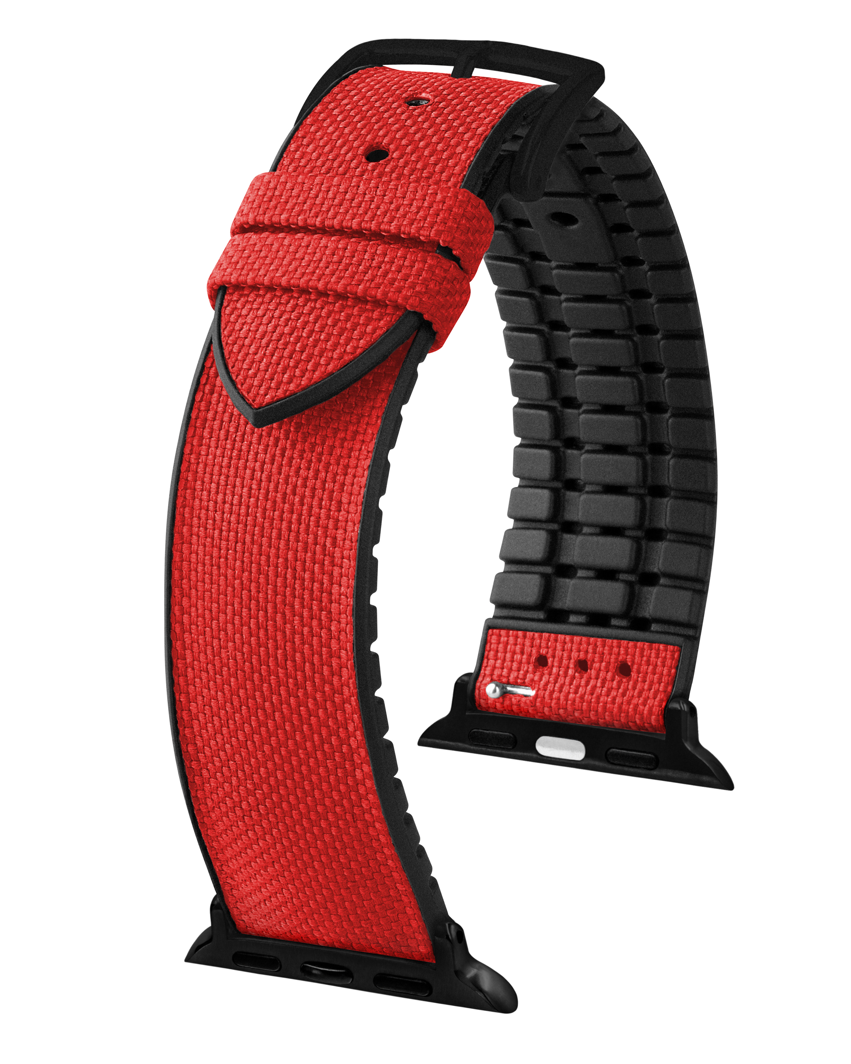 Rotes Uhrenarmband mit schwarzen Kanten und Nähten. Schwarze Schnalle. Canvas-ähnliche Textur.
