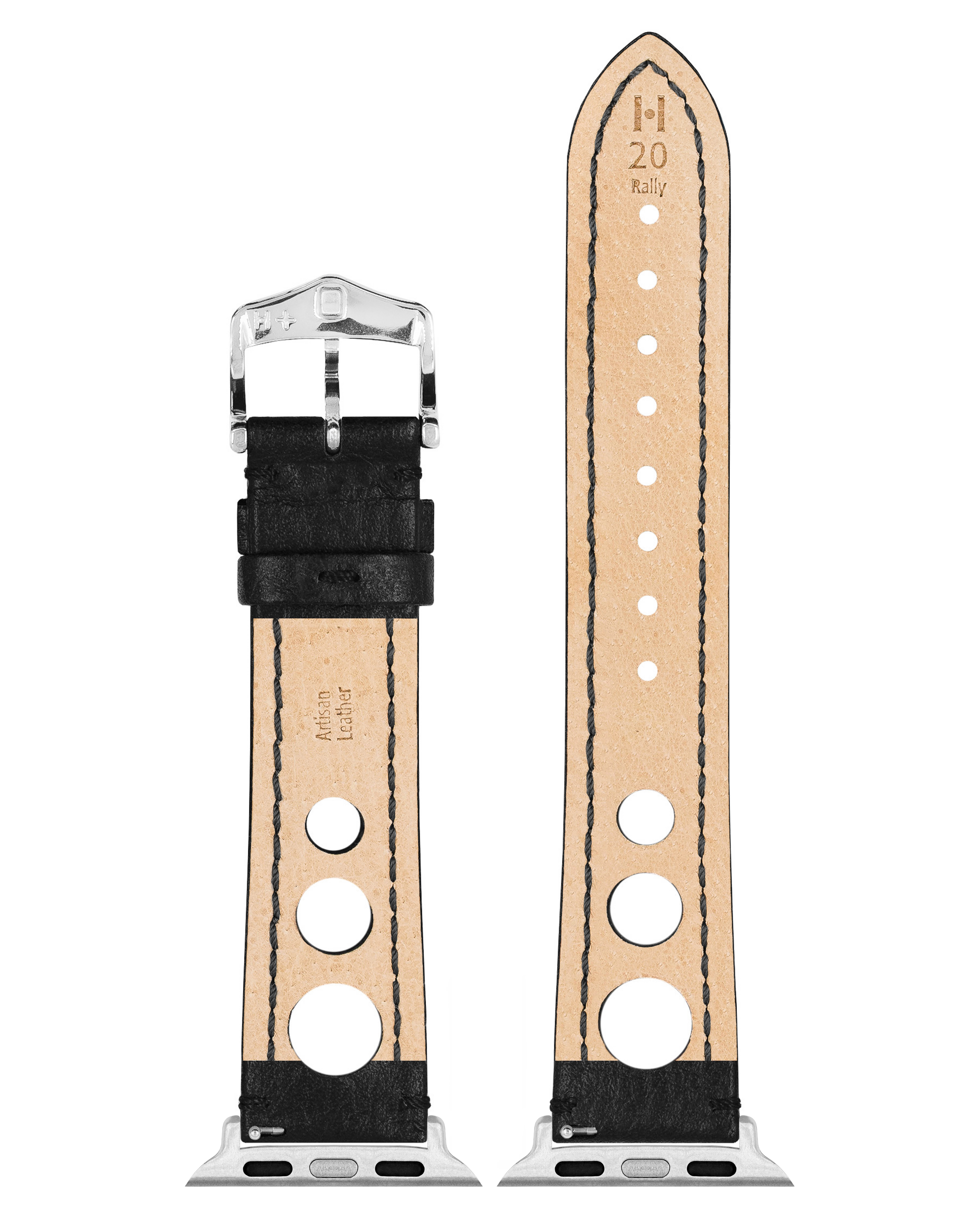 Schwarzes Uhrenarmband mit silberner Schnalle, beigem Innenraum und drei Löchern. Weiße Nähte.
