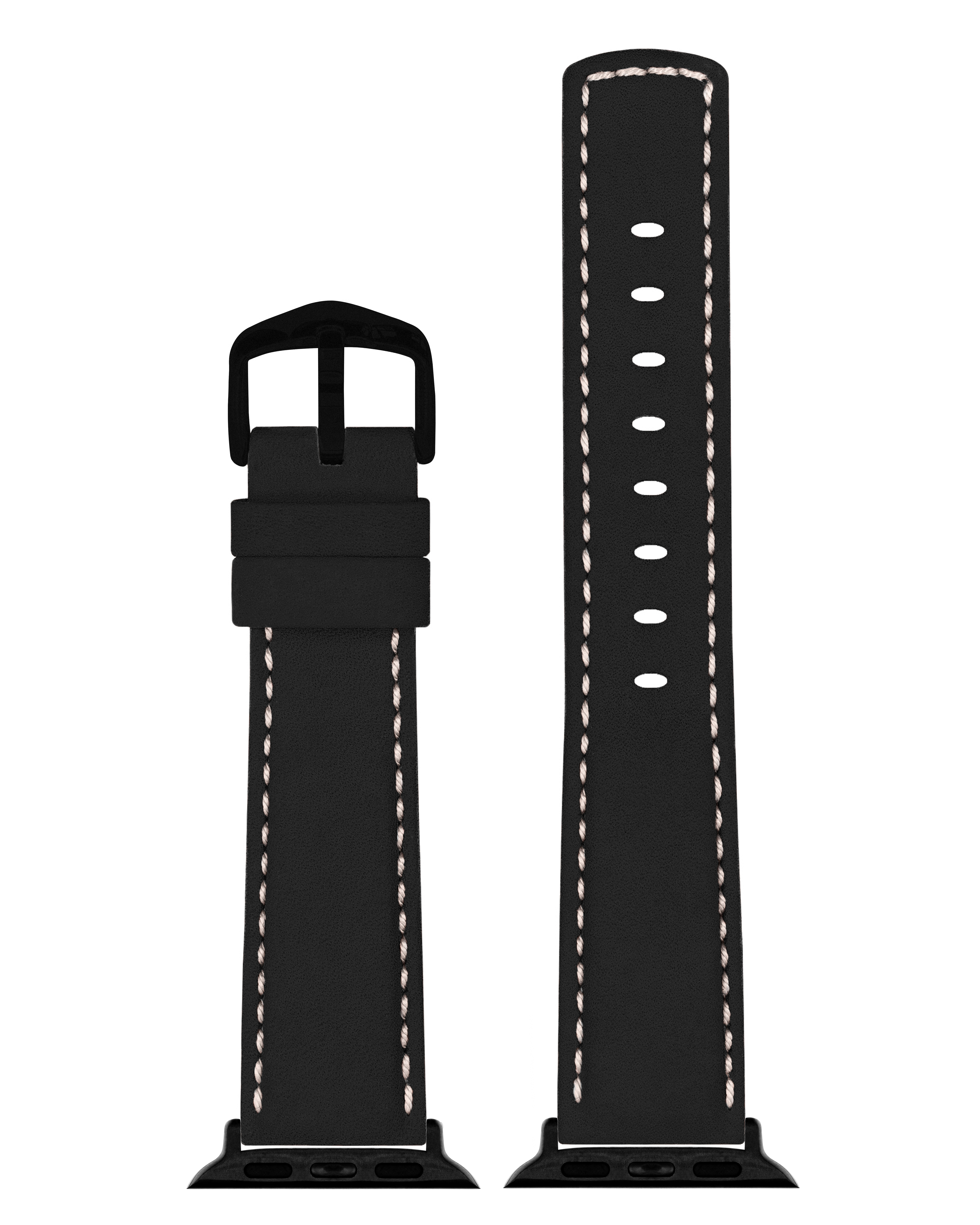Schwarzes Uhrenarmband mit weißen Nähten und einer schwarzen Schnalle, vor weißem Hintergrund.