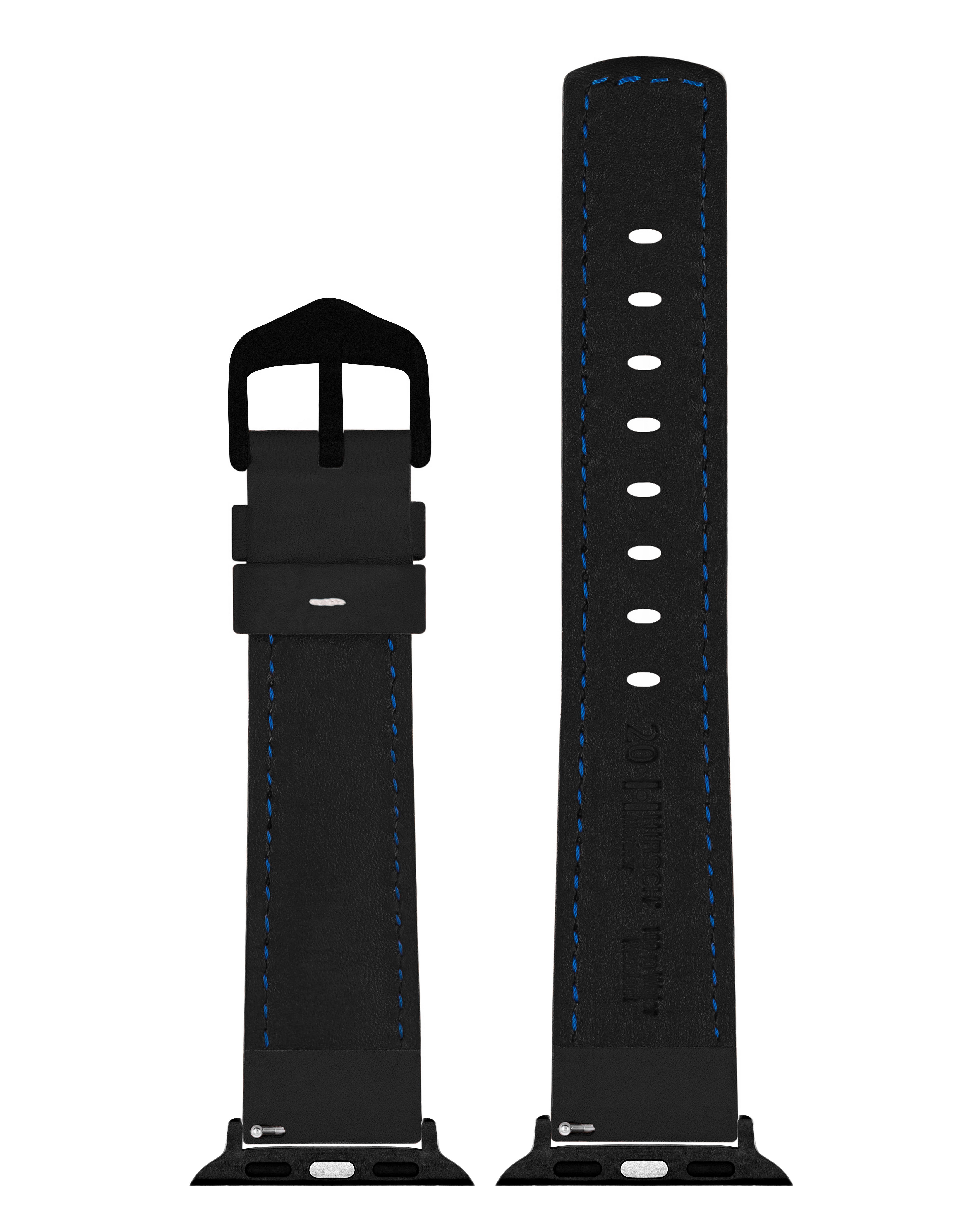 Schwarzes Uhrenarmband mit blauen Nähten, schwarzer Schnalle und Text.