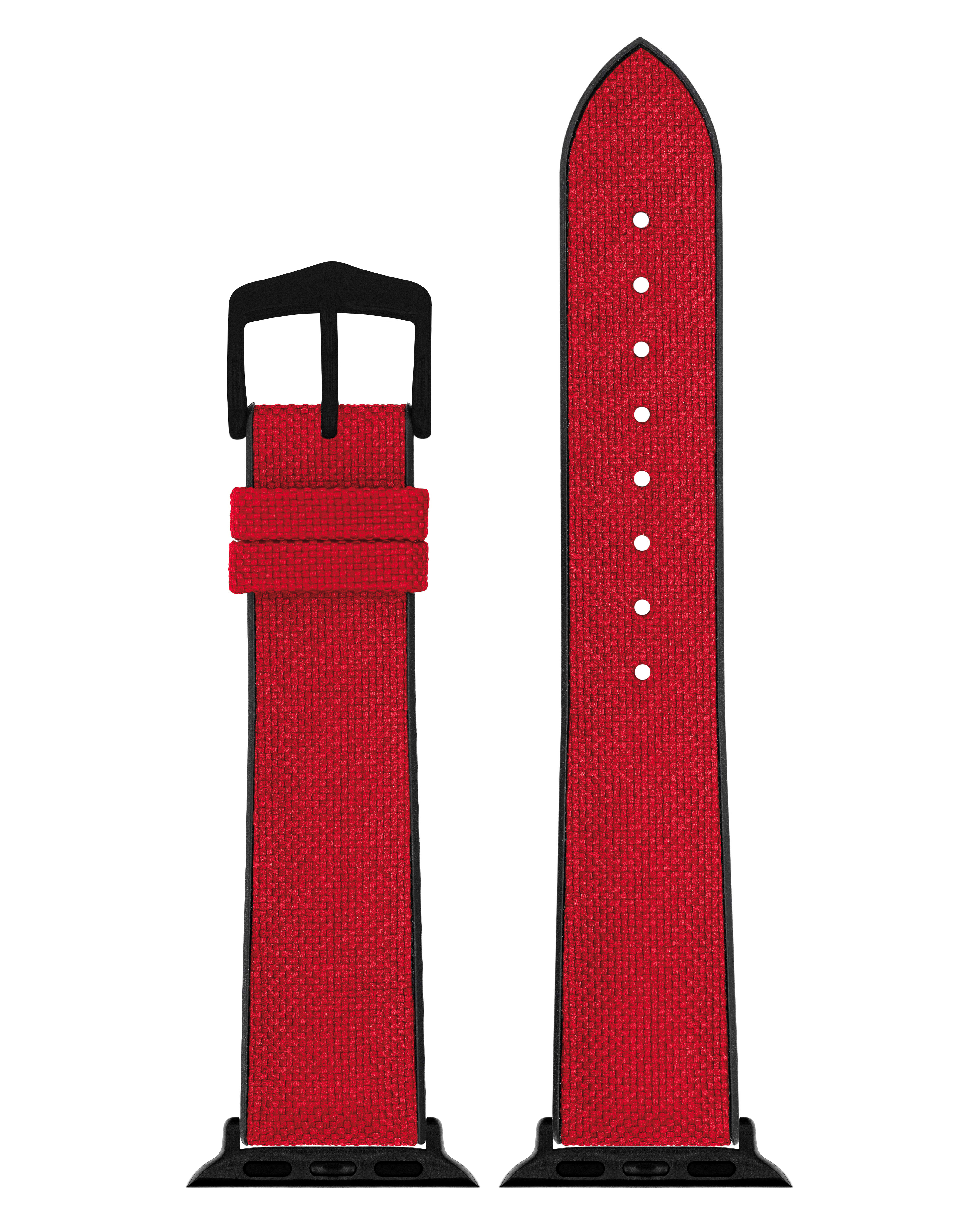 Rotes Uhrenarmband mit schwarzen Kanten und Schnalle. Canvas-ähnliche Textur und schwarze Nähte.