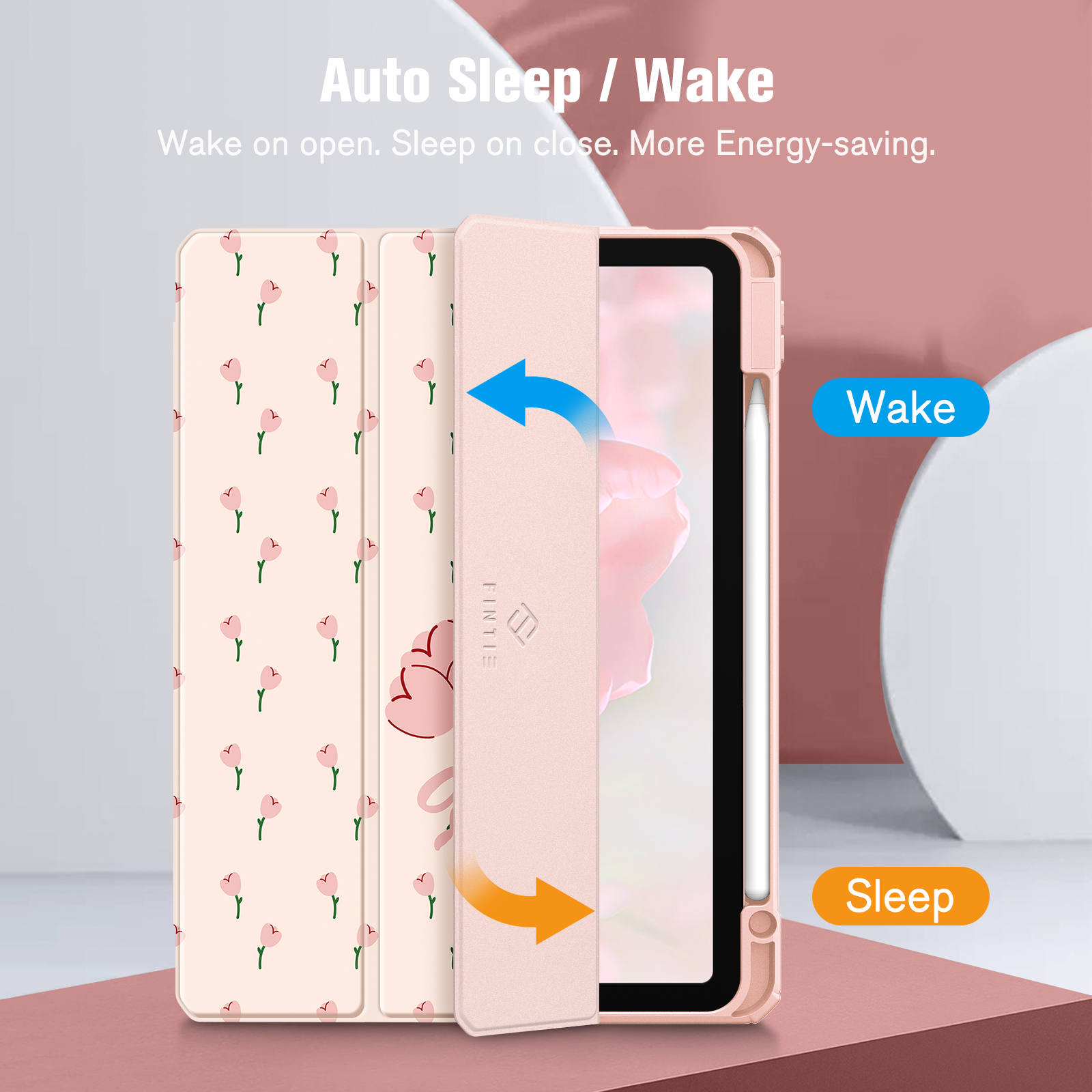Rosa iPad-Hülle mit rosa Blumendesign, Text und Pfeilen, die die Schlaf- und Weckfunktion anzeigen.