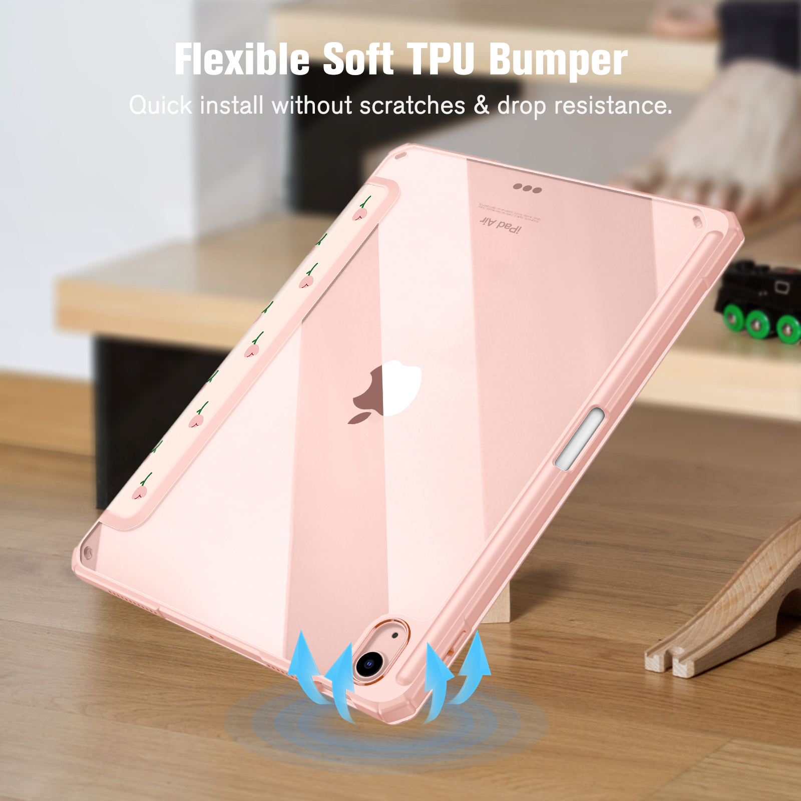 Eine rosa iPad-Hülle mit durchsichtigem Rücken. Die Hülle hat einen weichen Stoßfänger und steht.