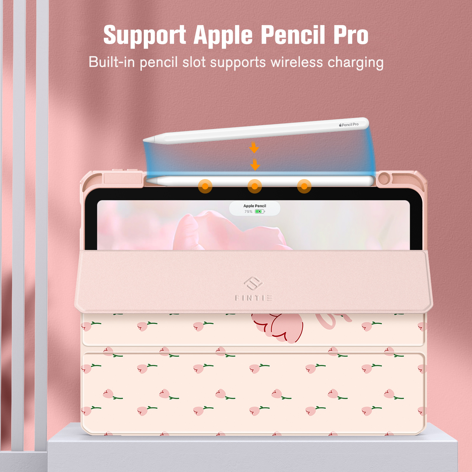 Rosa iPad-Hülle mit weißem Stift und rosa Ladeanzeige. Die Hülle ist geöffnet.