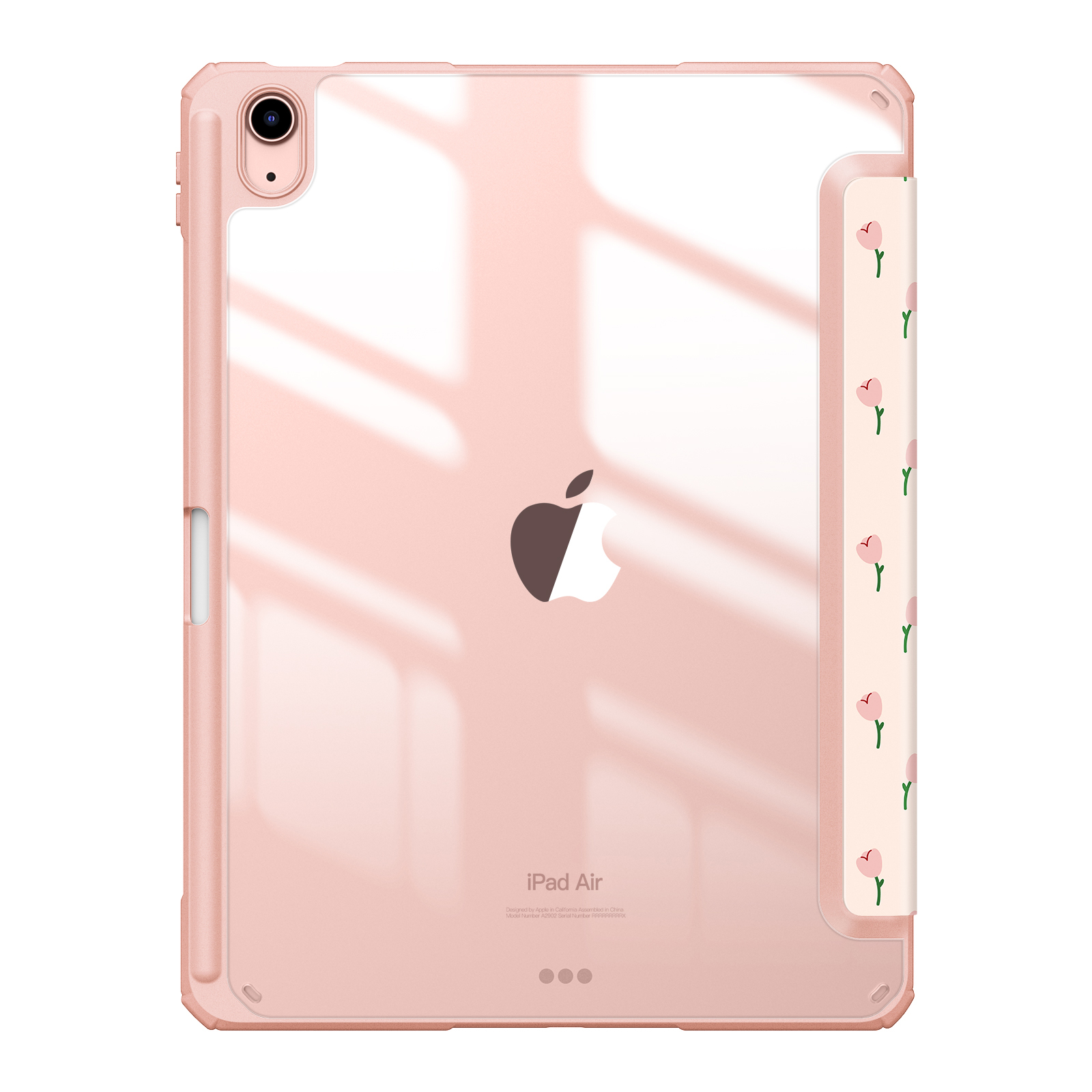 Ein iPad Air in einer rosa Hülle. Die Rückseite des iPads ist sichtbar. Die Hülle ist durchsichtig.