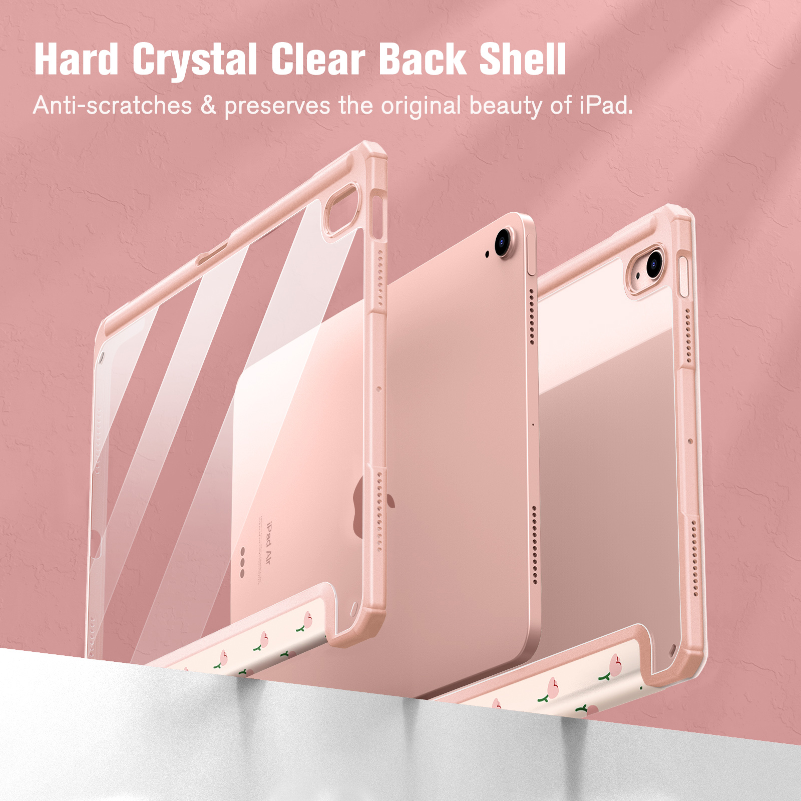 Zwei iPads in rosa Hüllen. Die Hüllen sind durchsichtig und zeigen die iPad-Rückseiten. Die Hüllen stehen.