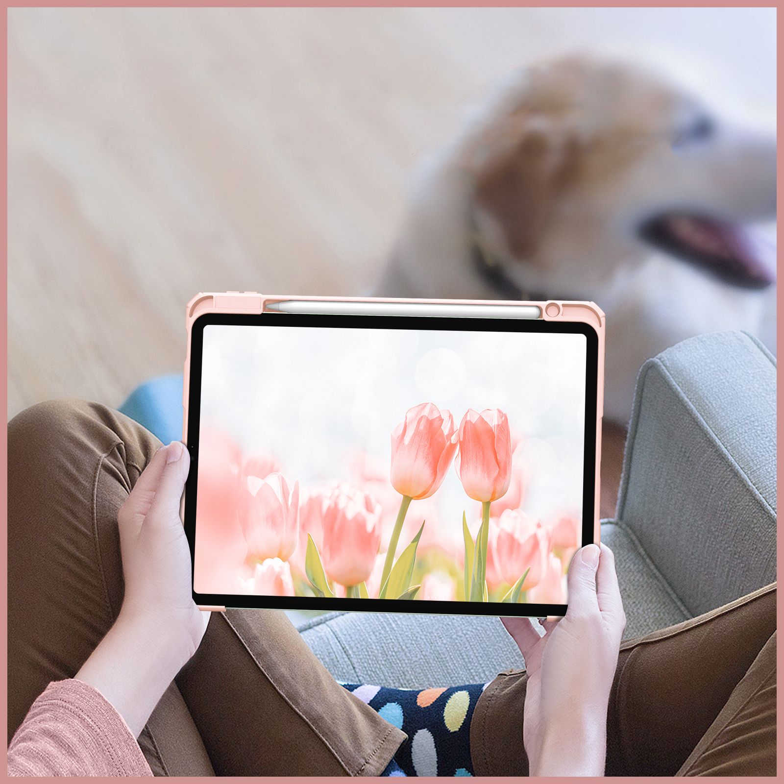 Ein Tablet zeigt rosa Tulpen. Ein Hund ist im Hintergrund. Das Tablet wird von einer Person gehalten.