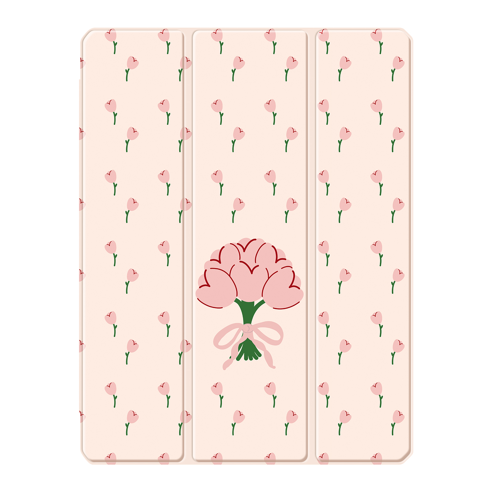 Eine Tablet-Hülle mit einem Blumendekor aus rosa Tulpen auf hellrosa Hintergrund.