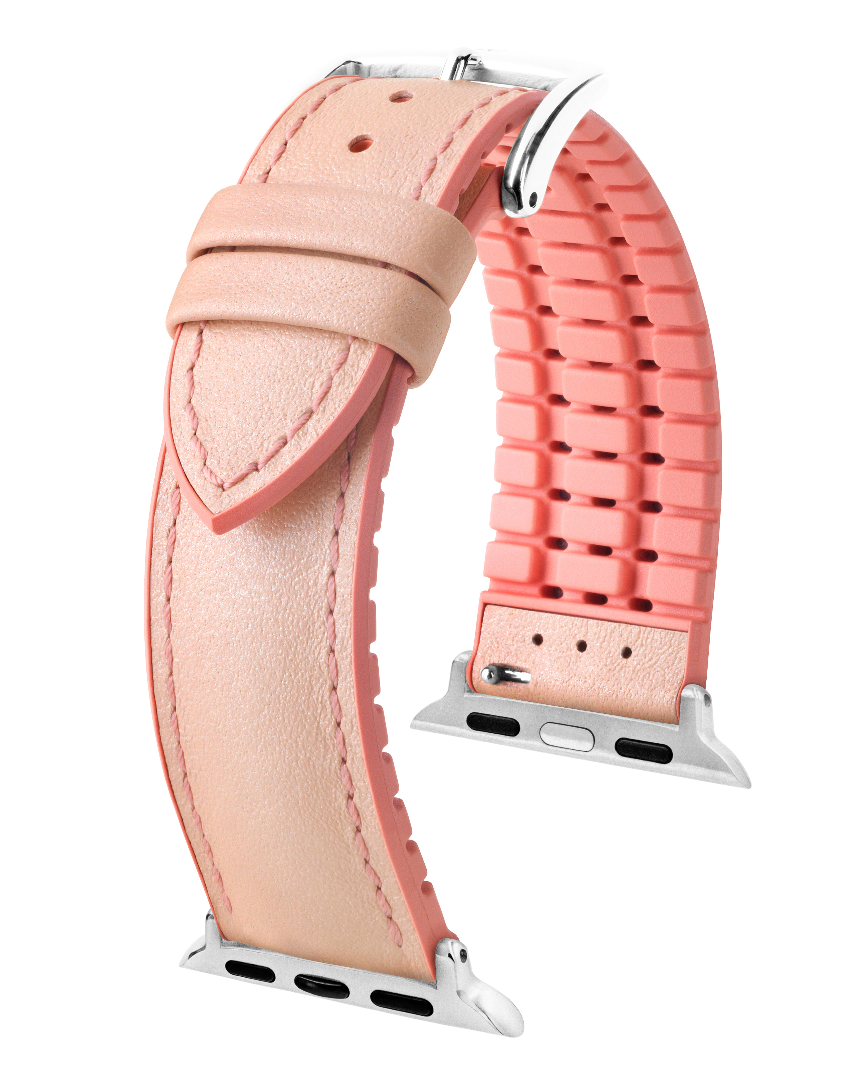 Ein rosa-pfirsichfarbenes Uhrenarmband, das zwei Abschnitte zeigt: Leder und ein Silikonarmband.