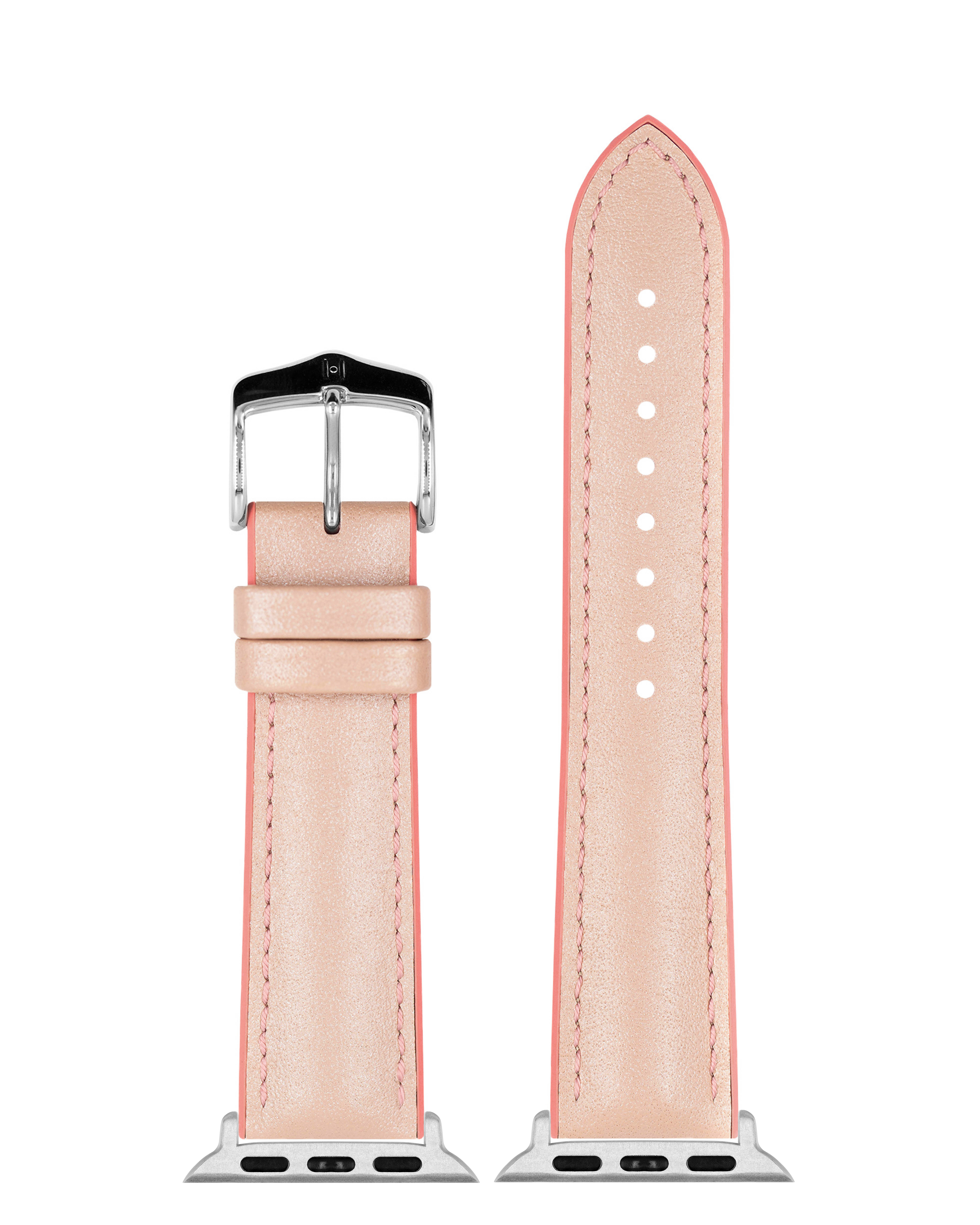 Ein Uhrenarmband mit einem rosafarbenen Lederarmband und einer silbernen Schnalle.