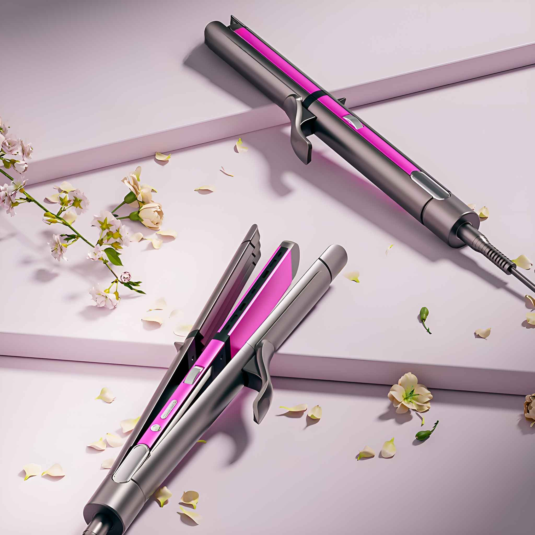 Zwei Haarglätter auf weißer Oberfläche mit Blumen. Rosa und graues Design.