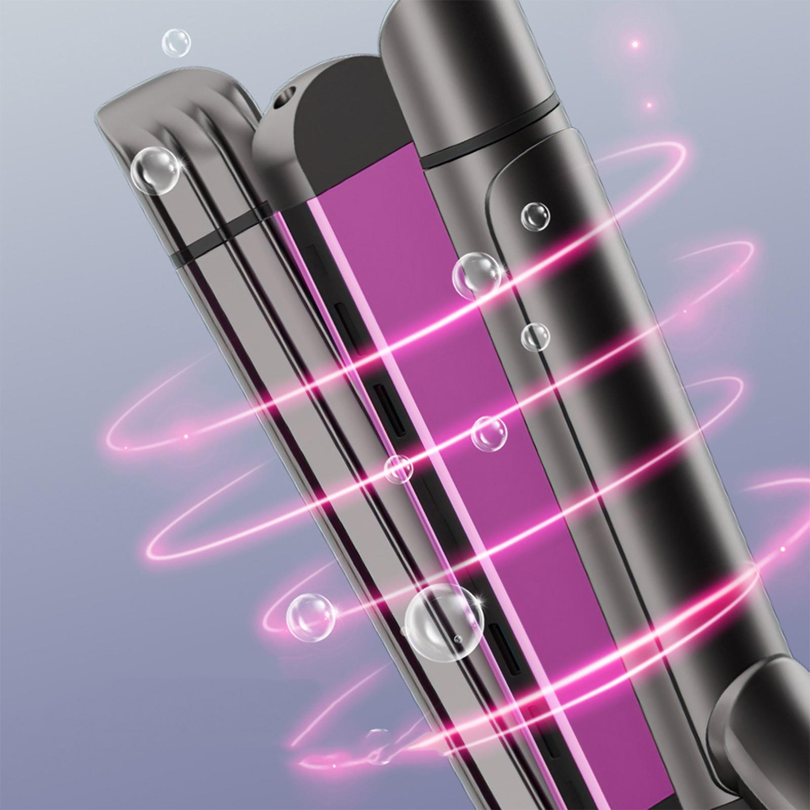 Haarglätter mit Blasen und rosa und grauem Design. Lila Hintergrund.