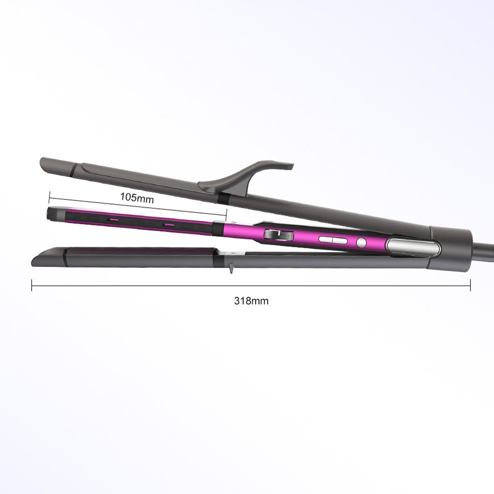 Haarglätter, schwarz und lila, geöffnet. Maße: 105 mm und 318 mm auf weißem Hintergrund.